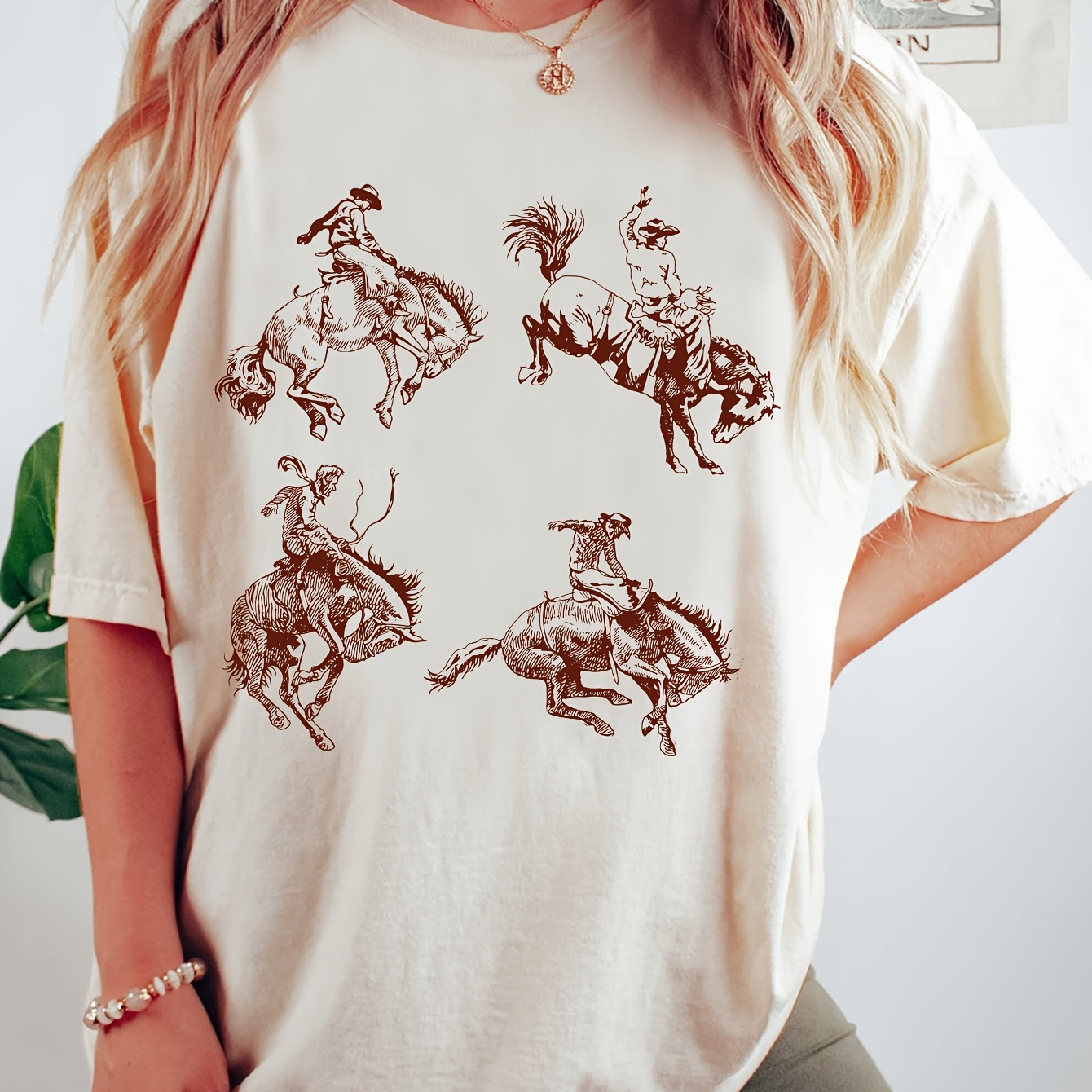 

Women' Casual, 4 Western Cowboy Riding Patterns, Round Neck Loose T-shirt, Women'