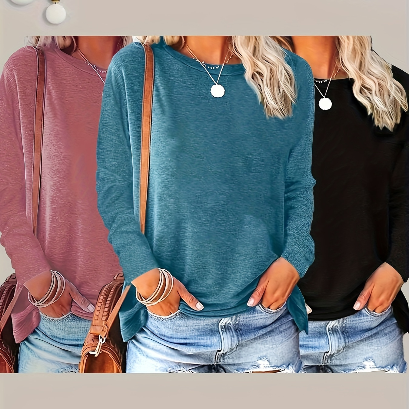 

Women's Plus Size Long Sleeve T-shirts - Pack Of 3 Cotton Blend Knit Casual Crew Neck Tops Solid Color Easy Fit For Spring/fall