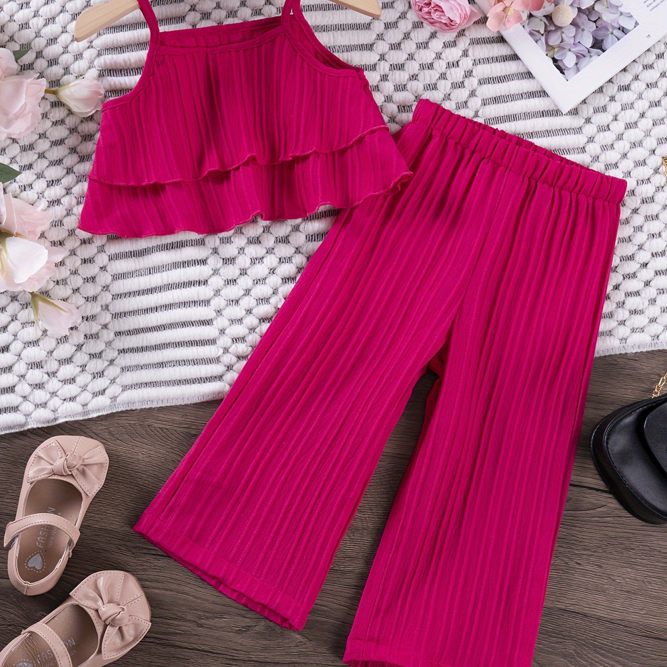 

Baby's Trendy Solid Color 2pcs Summer Outfit, Layered Cami Top & Textured Wide Leg Pants Set, Toddler & Infant Girl's Clothes For Daily/holiday/party
