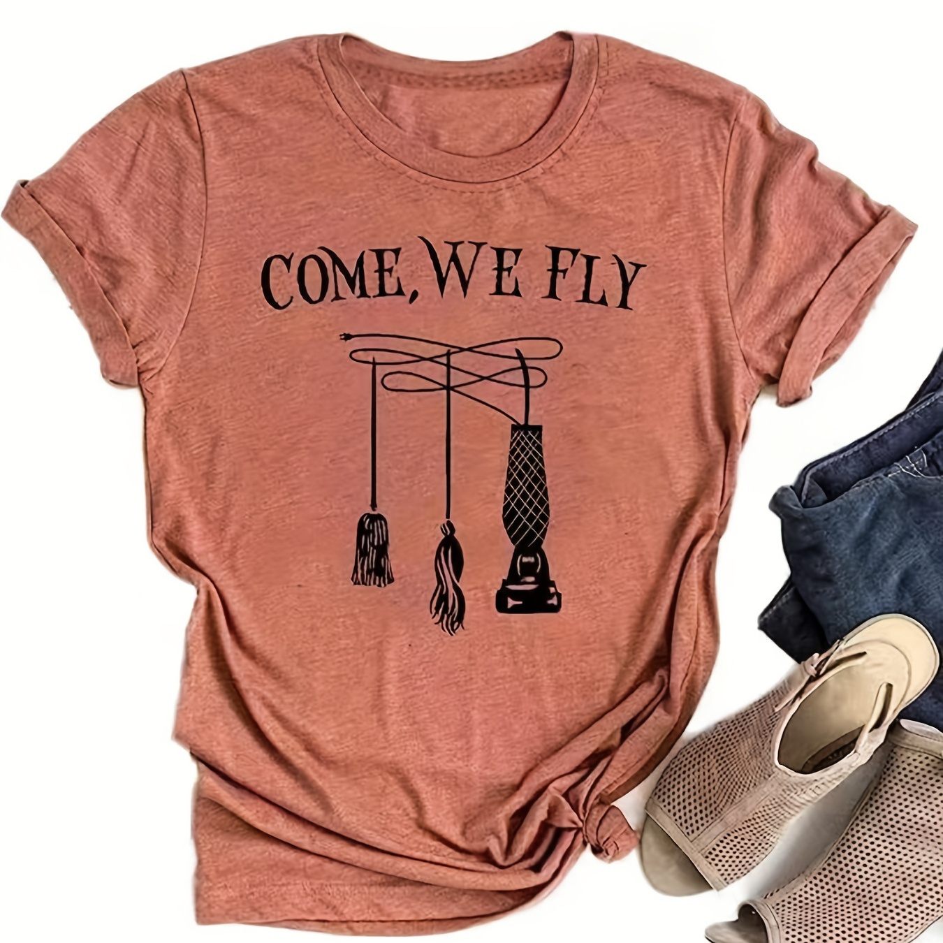 

Come We Fly Print Crew Neck T-shirt, Casual Short Sleeve Top For Spring & Summer, Women's Clothing