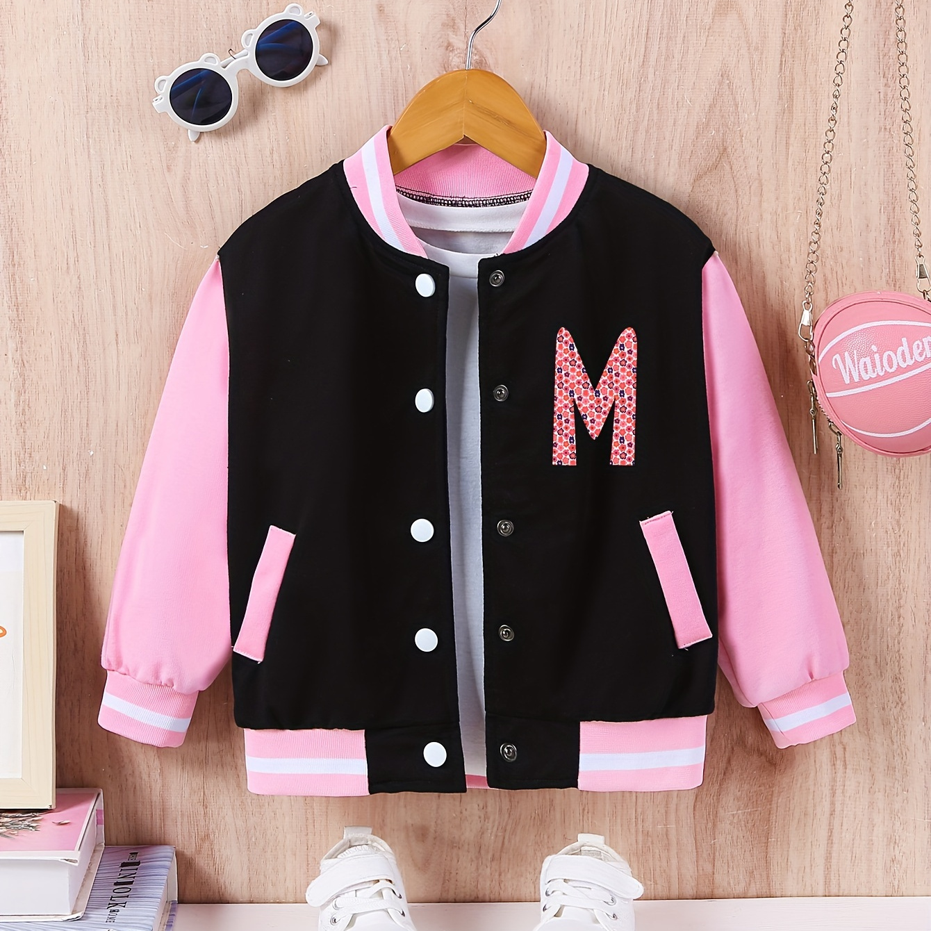 

Girl's Trendy Cute 'm' Alphabet Print Varsity Jacket, Color Block Casual Jackets For Girls Spring And Fall