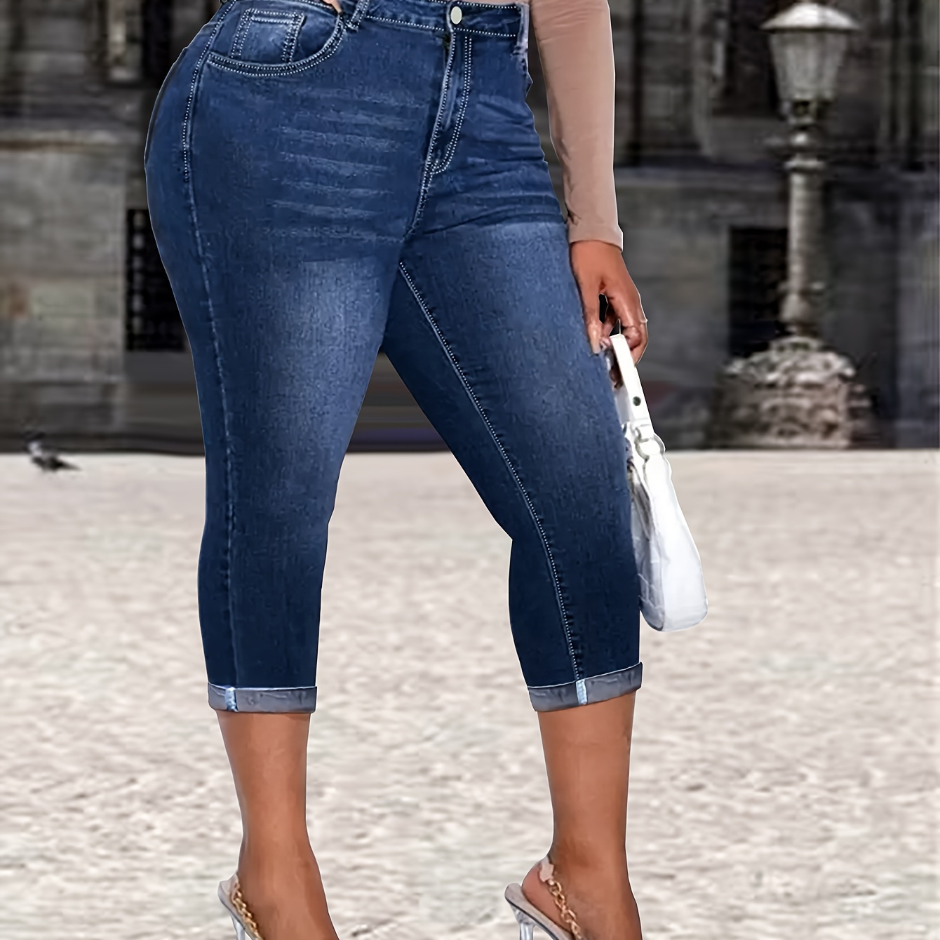 

Women's Casual Jeans, Plus Size Washed Blue High Rise Stretchy Roll Up Hem Skinny Capri Denim Pants