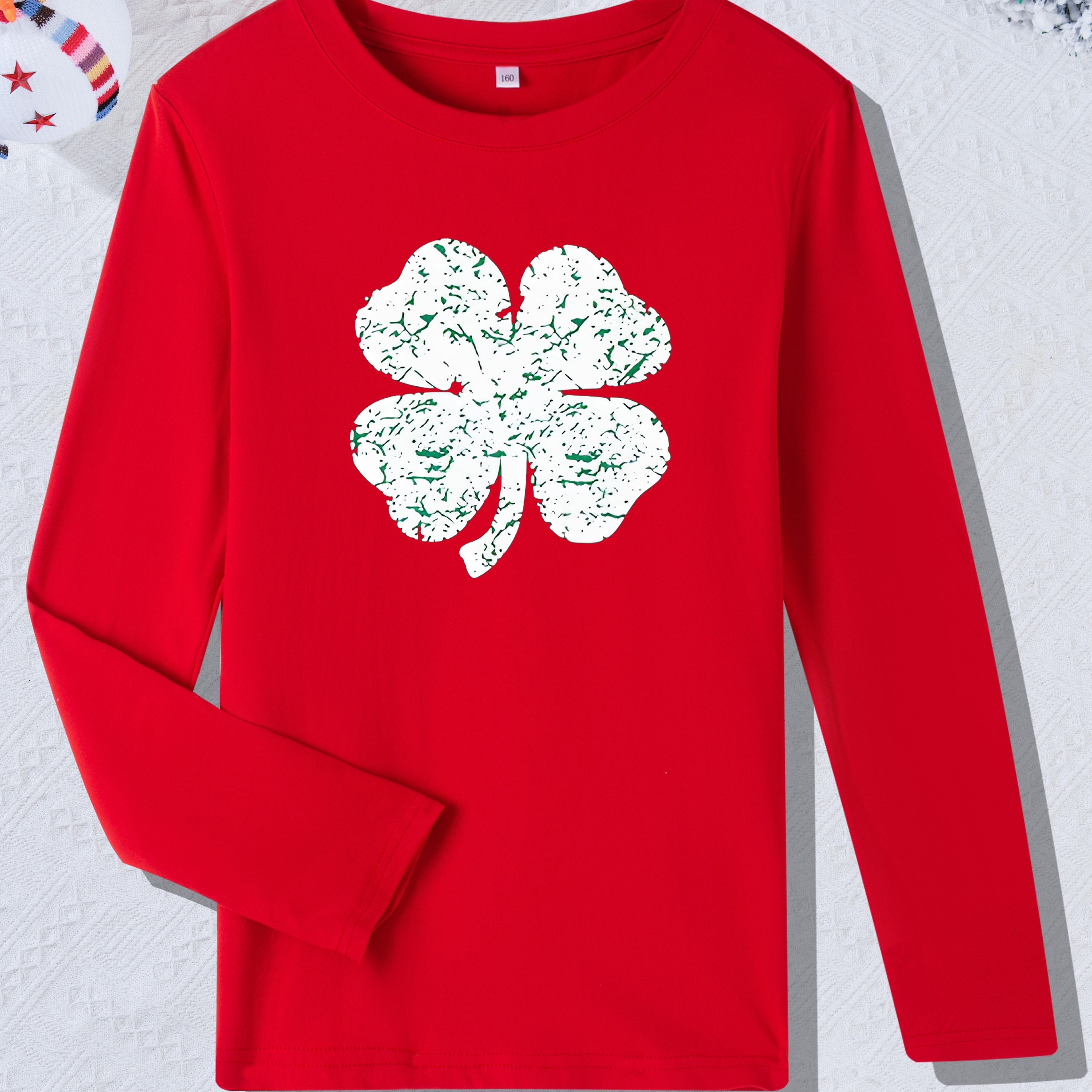 

St. Patrick's Day Clover Print Girls Fashion Long Sleeve Shirts, Casual Comfortable And Skin-friendly Bottoming Shirts, Casual Graphic Tops For Girls