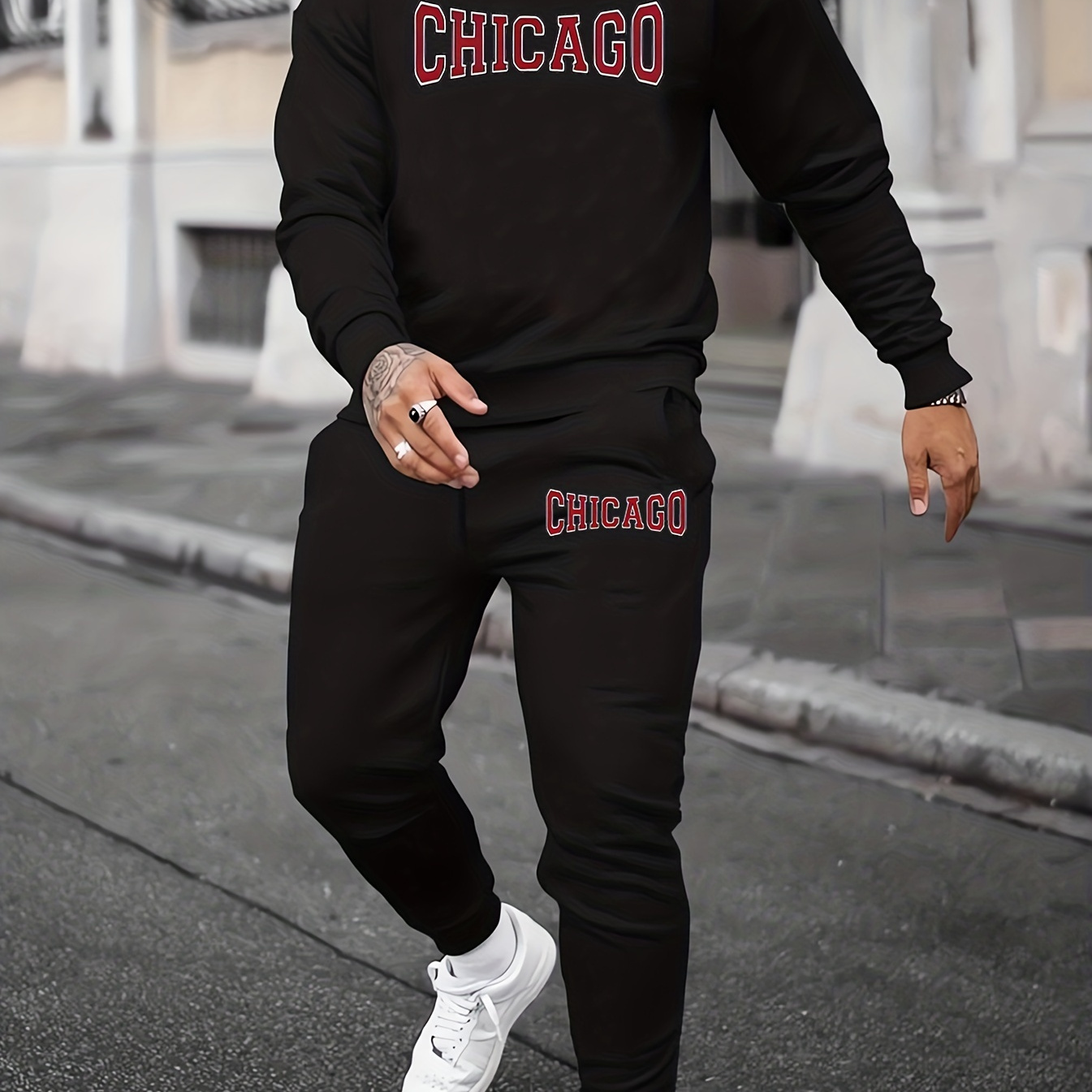 

Chicago Pattern Print Men's Long Sleeve Round Neck Street Casual Sports And Fashionable Sweatshirt, Elastic Drawstring Trousers, Sweatshirt And Pants Two-piece Set, For Outdoor, For Autumn And Winter