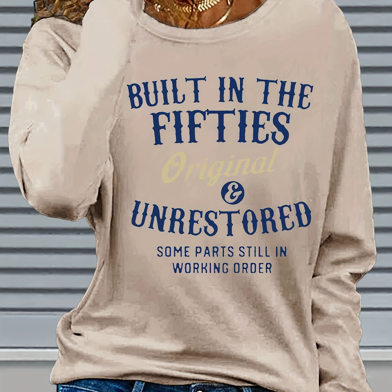 

1pc Women'-inspired Long Sleeve T-shirt - Polyester Crew Neck Top With "built In The " Letter Print, Casual Regular Fit Pullover For Fall & Winter