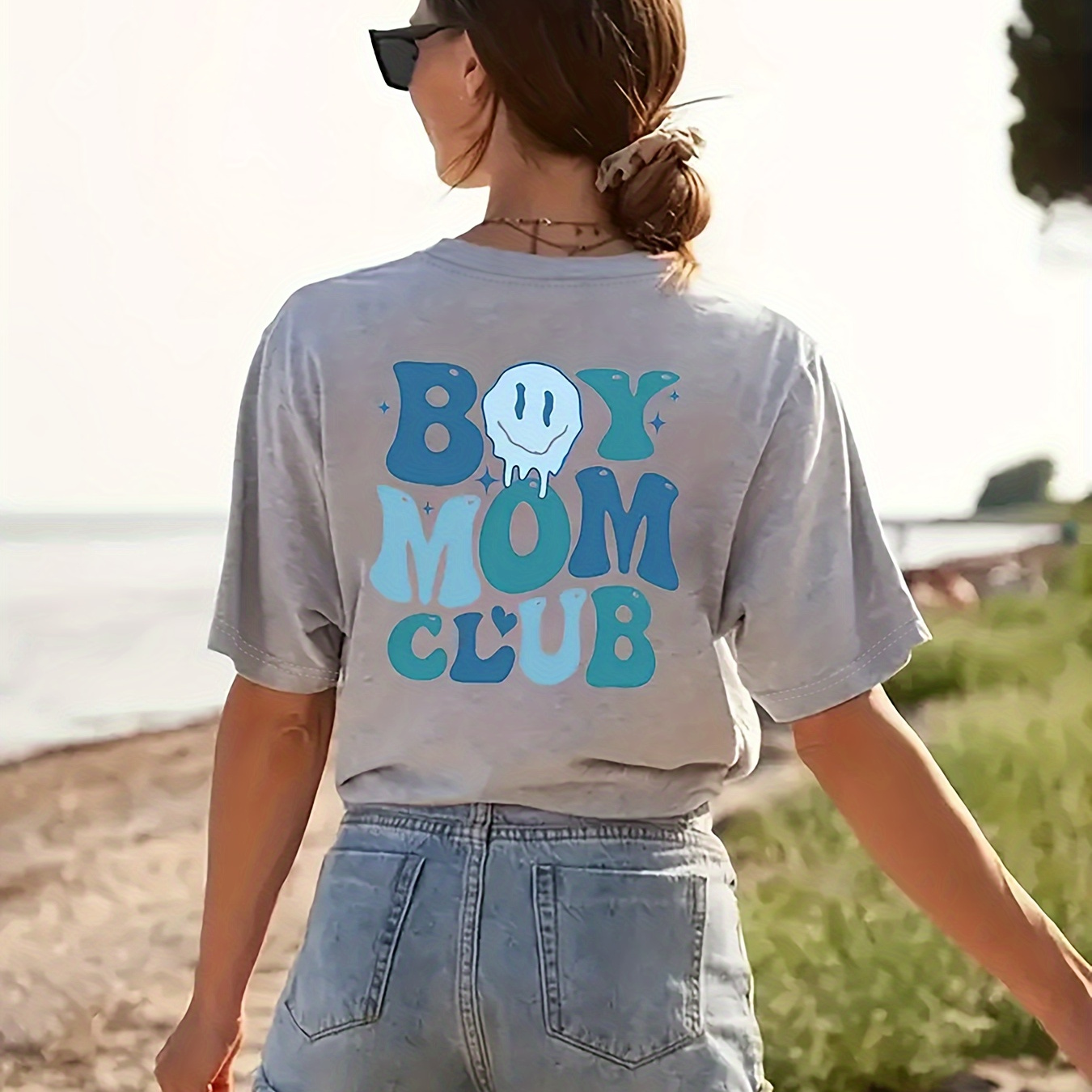 

Boy Mom Club Print T-shirt, Casual Crew Neck Short Sleeve Top For Spring & Summer, Women's Clothing