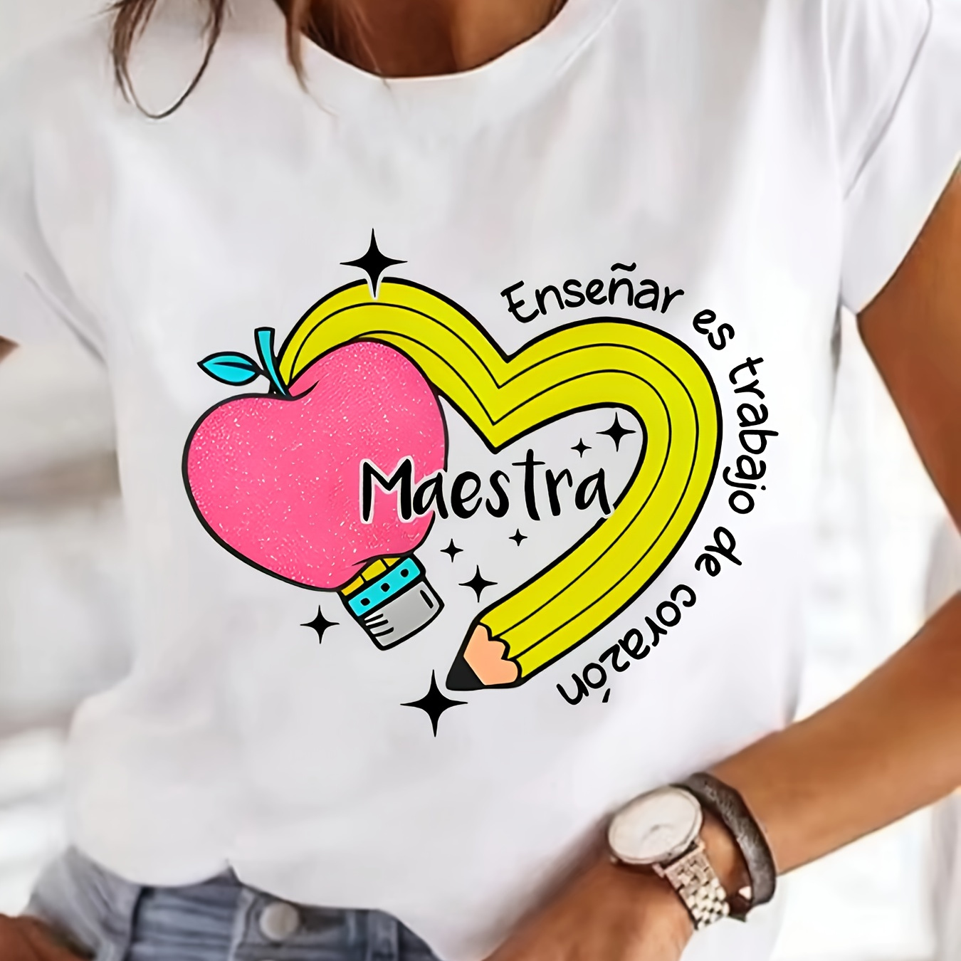 

Pencil Print T-shirt, Short Sleeve Crew Neck Casual Top For Summer & Spring, Women's Clothing