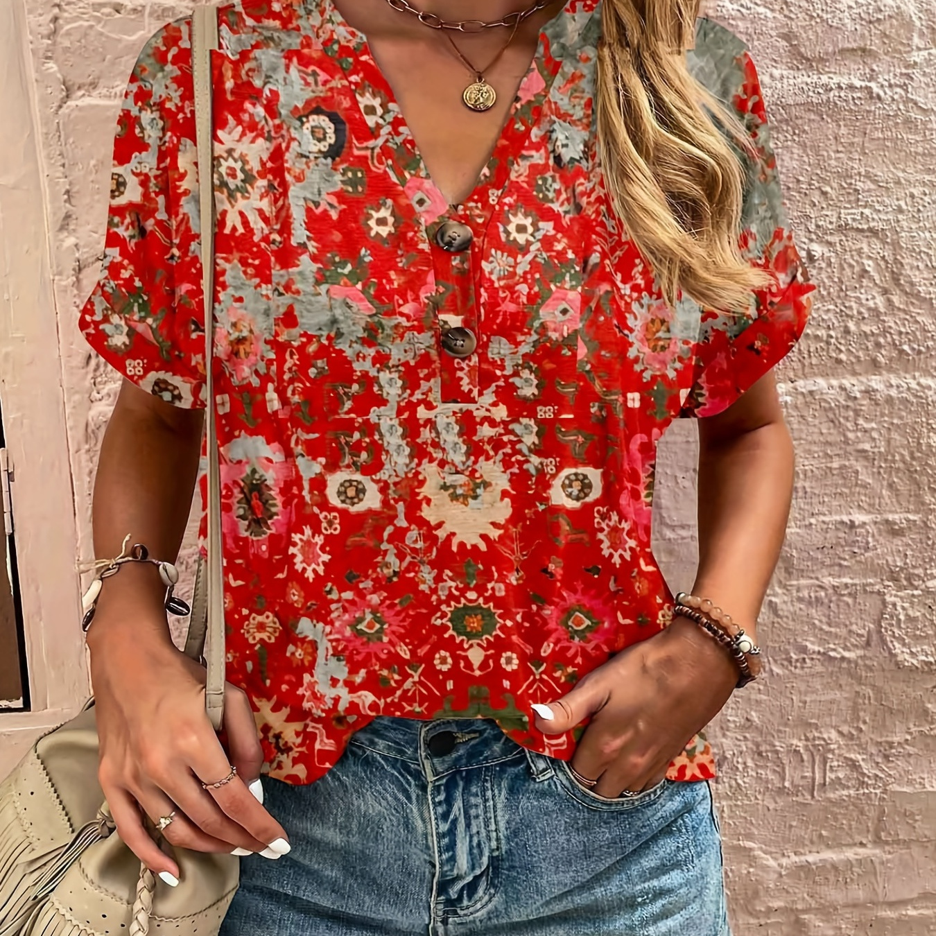 

Plus Size Boho T-shirt, Women's Plus Floral Print V Neck Short Sleeve High Stretch Henley T-shirt