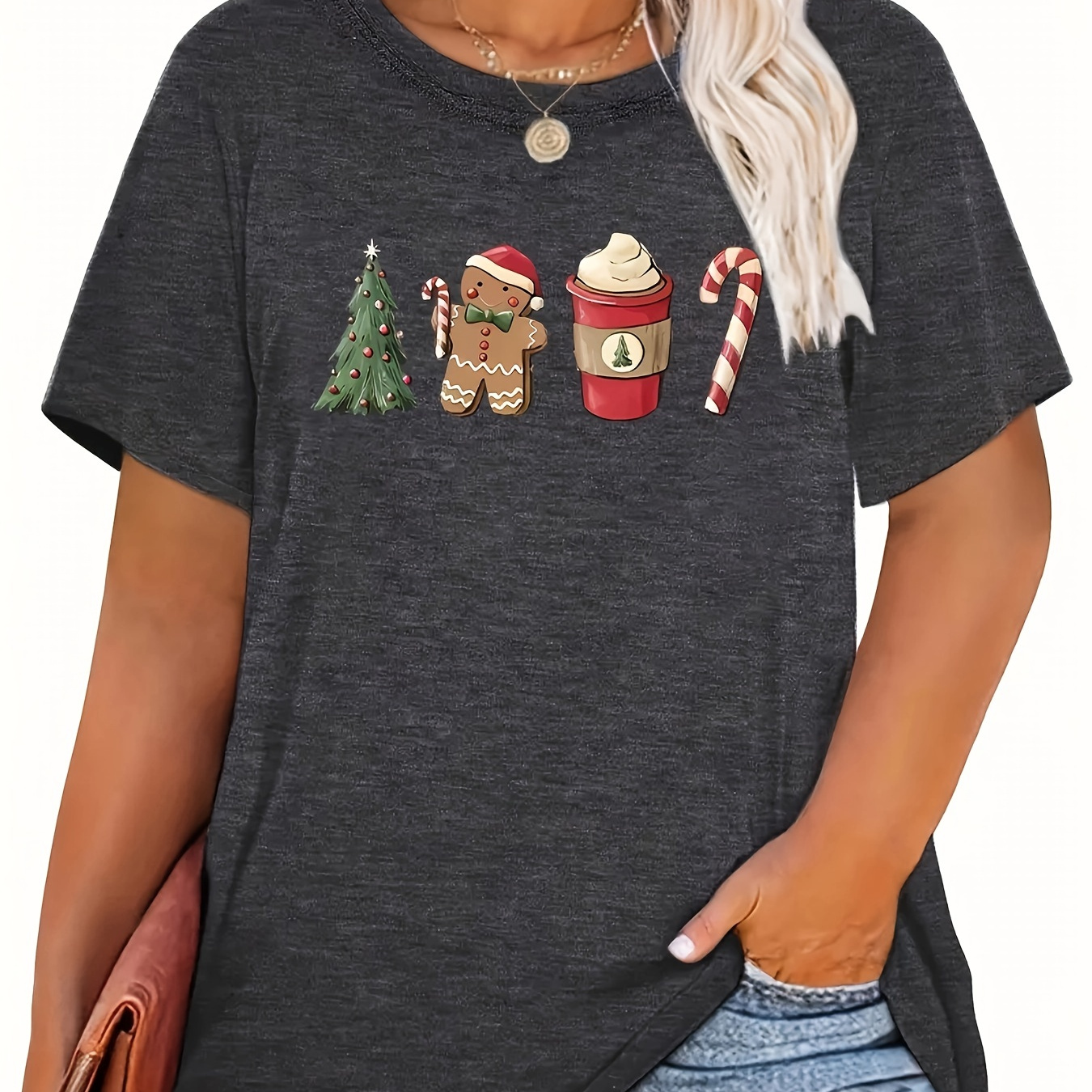 

Plus Size Christmas Print Crew Neck T-shirt, Casual Short Sleeve T-shirt For Spring & Summer, Women's Plus Size Clothing
