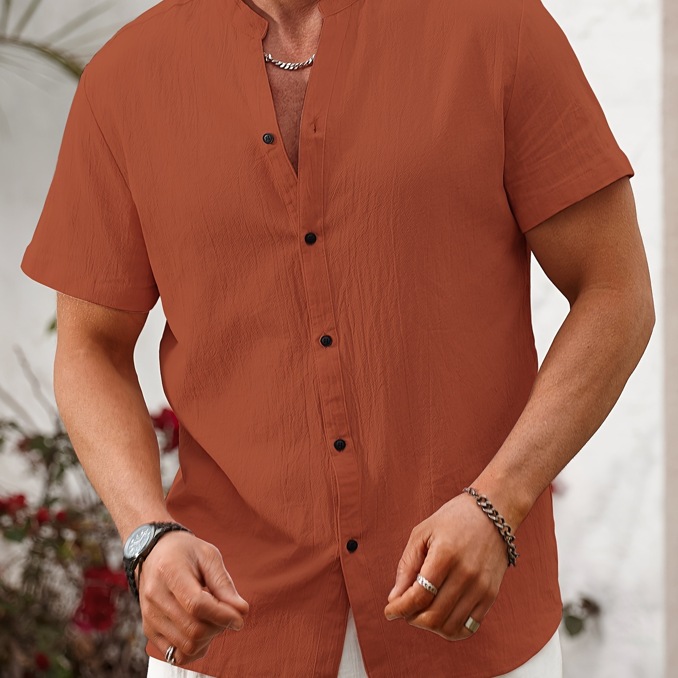 

Men's 100% Cotton Solid Shirt, Casual Stand Collar Button Up Short Sleeve Shirt For Summer Outdoor Activities