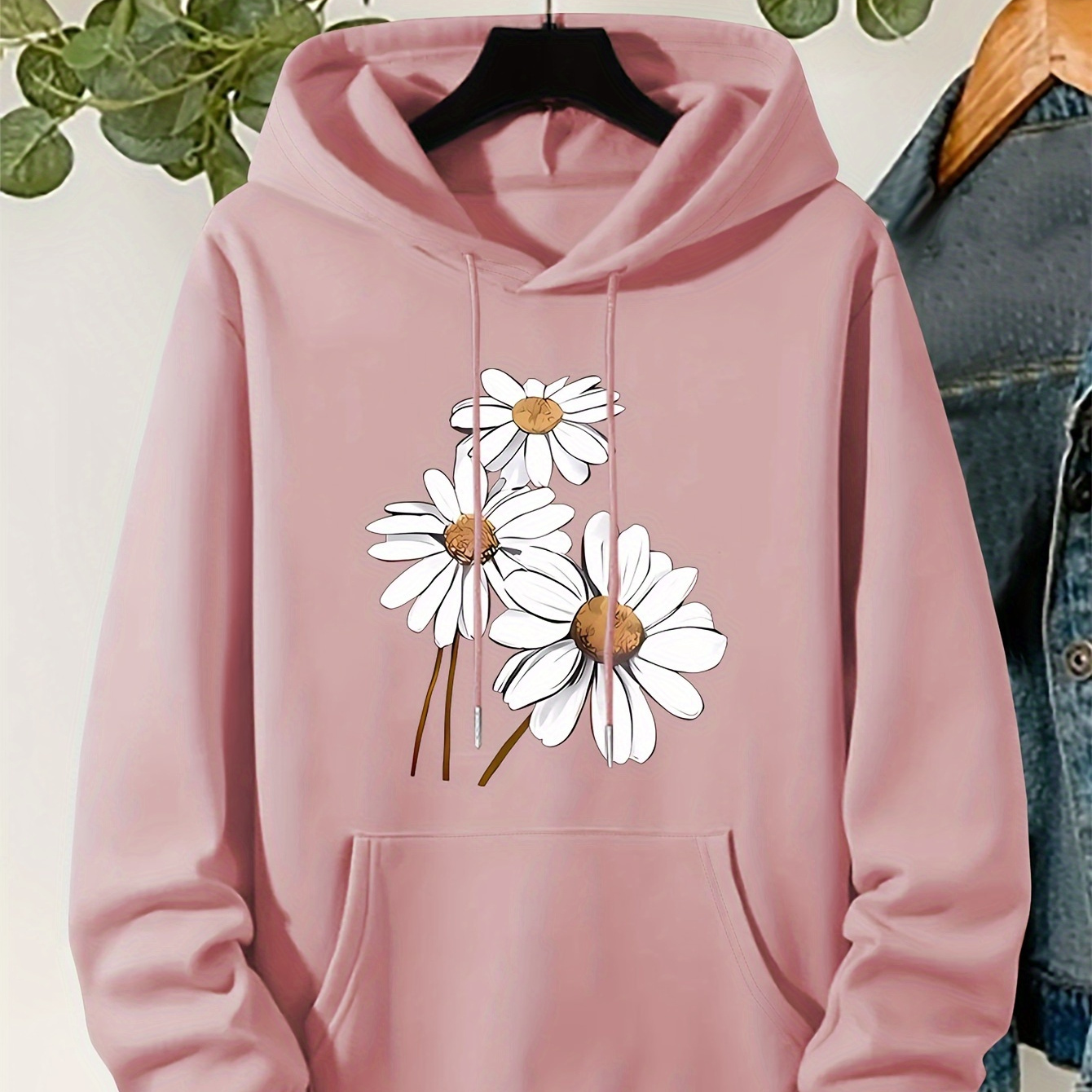 

Plus Size Floral Print Hoodie, Casual Drawstring Hooded Long Sleeve Kangaroo Pocket Sweatshirt For Fall & Winter, Women's Plus Size Clothing