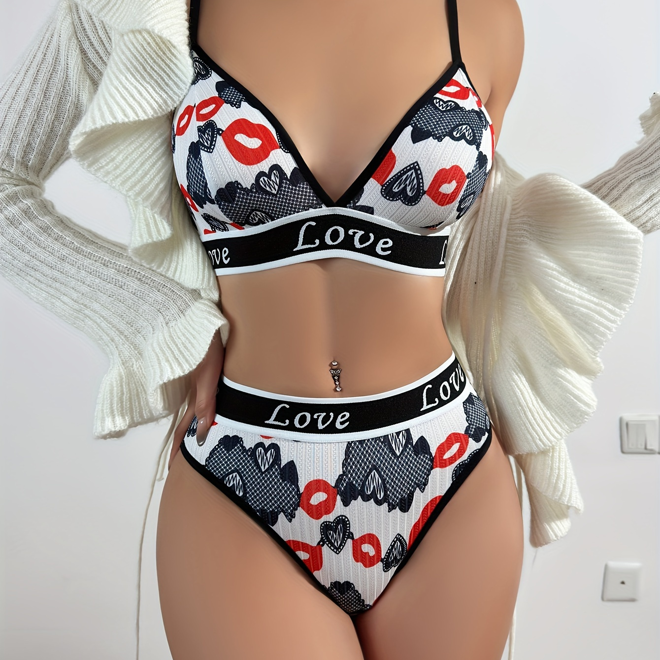 

Heart Print Bra & Panty, Breathable Bra & Panties Lingerie Set, Women's Lingerie & Underwear