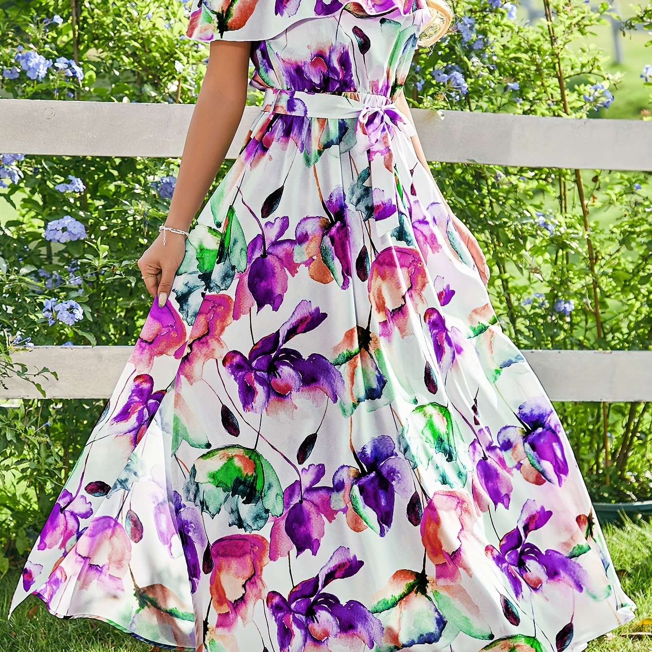 

Floral Print Belted Off Shoulder Dress, Elegant Short Sleeve Swing Dress For Spring & Summer, Women's Clothing