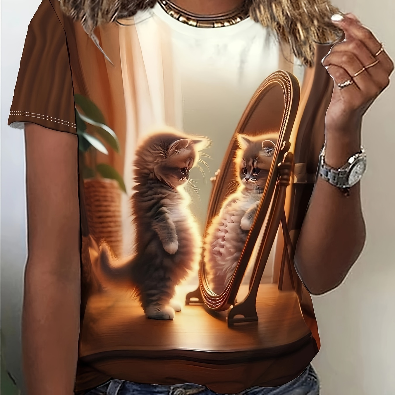 

Cute Cat Print Crew Neck T-shirt, Casual Short Sleeve T-shirt For Spring & Summer, Women's Clothing