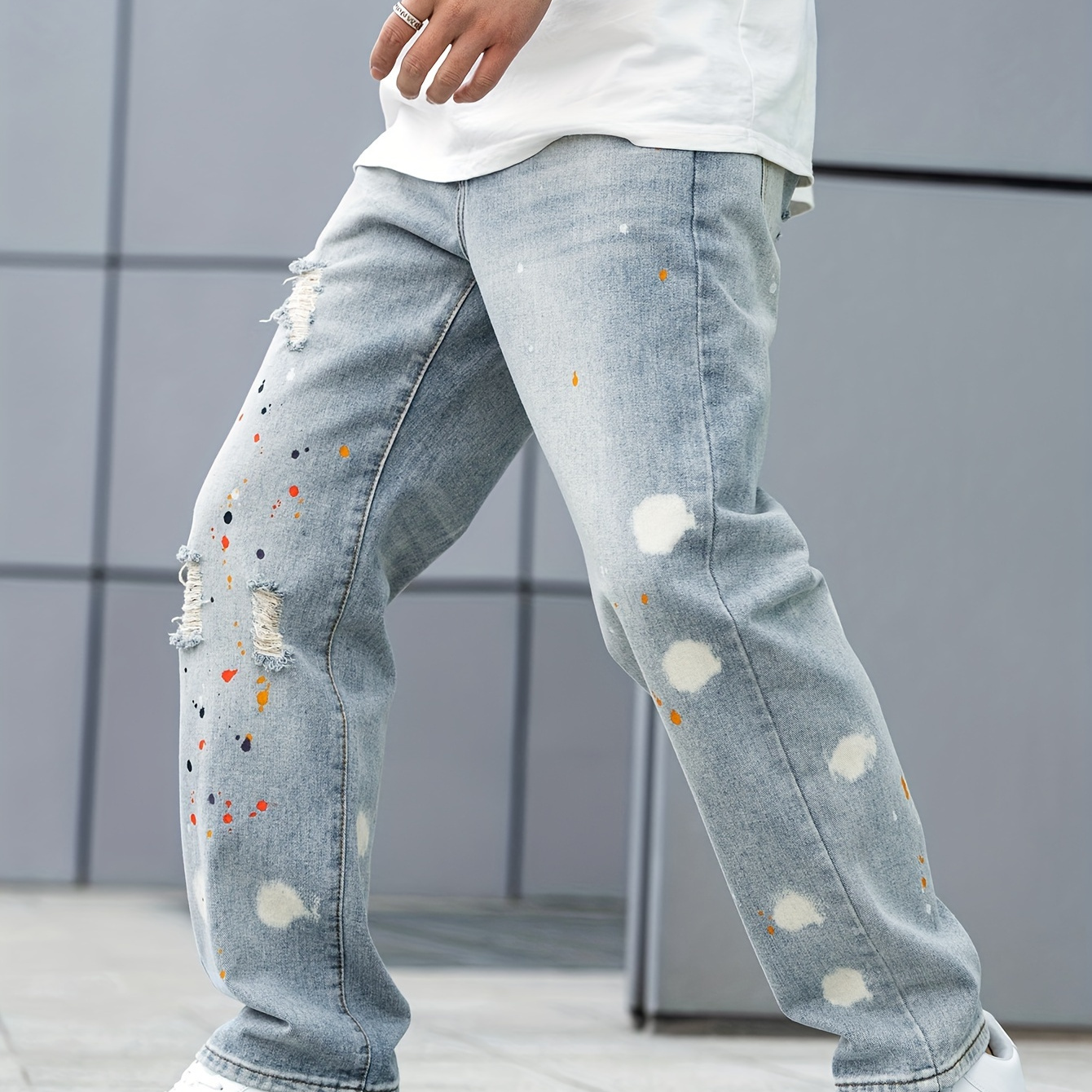 

Men's Creative Splash Oil Painting Print Ripped Jeans For Spring Fall, Street Style