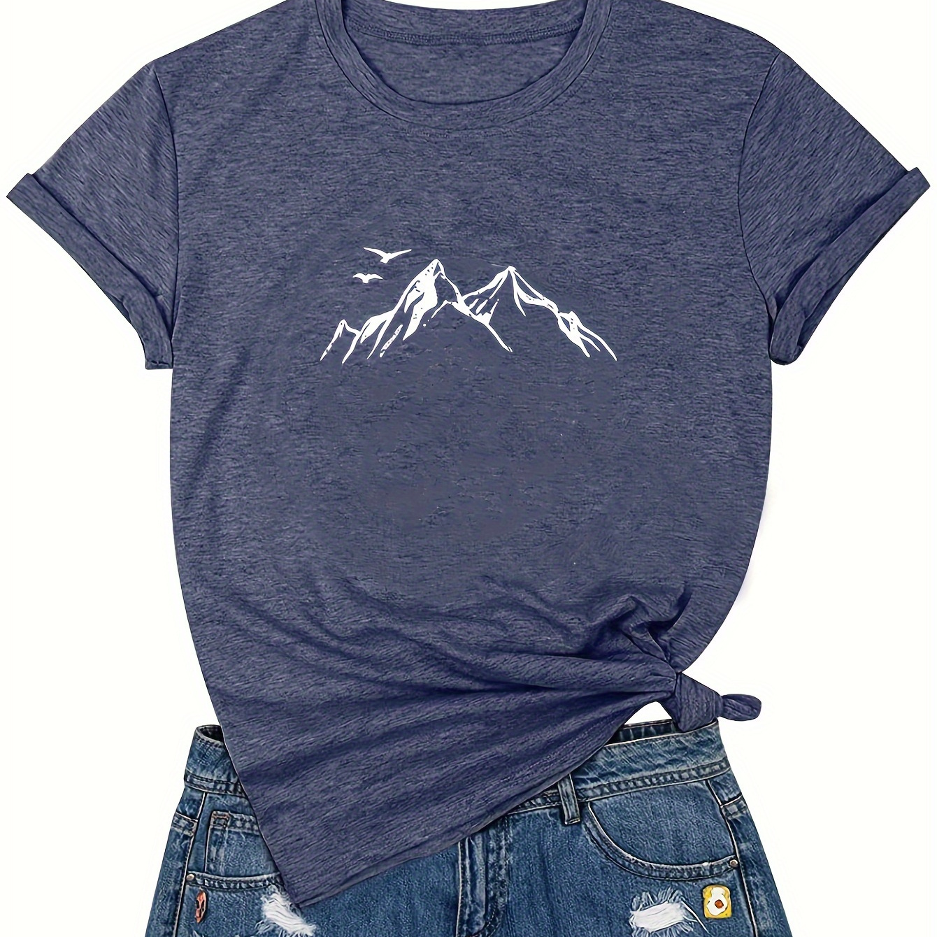 

Birds & Mountains Print T-shirt, Short Sleeve Crew Neck Casual Top For Summer & Spring, Women's Clothing