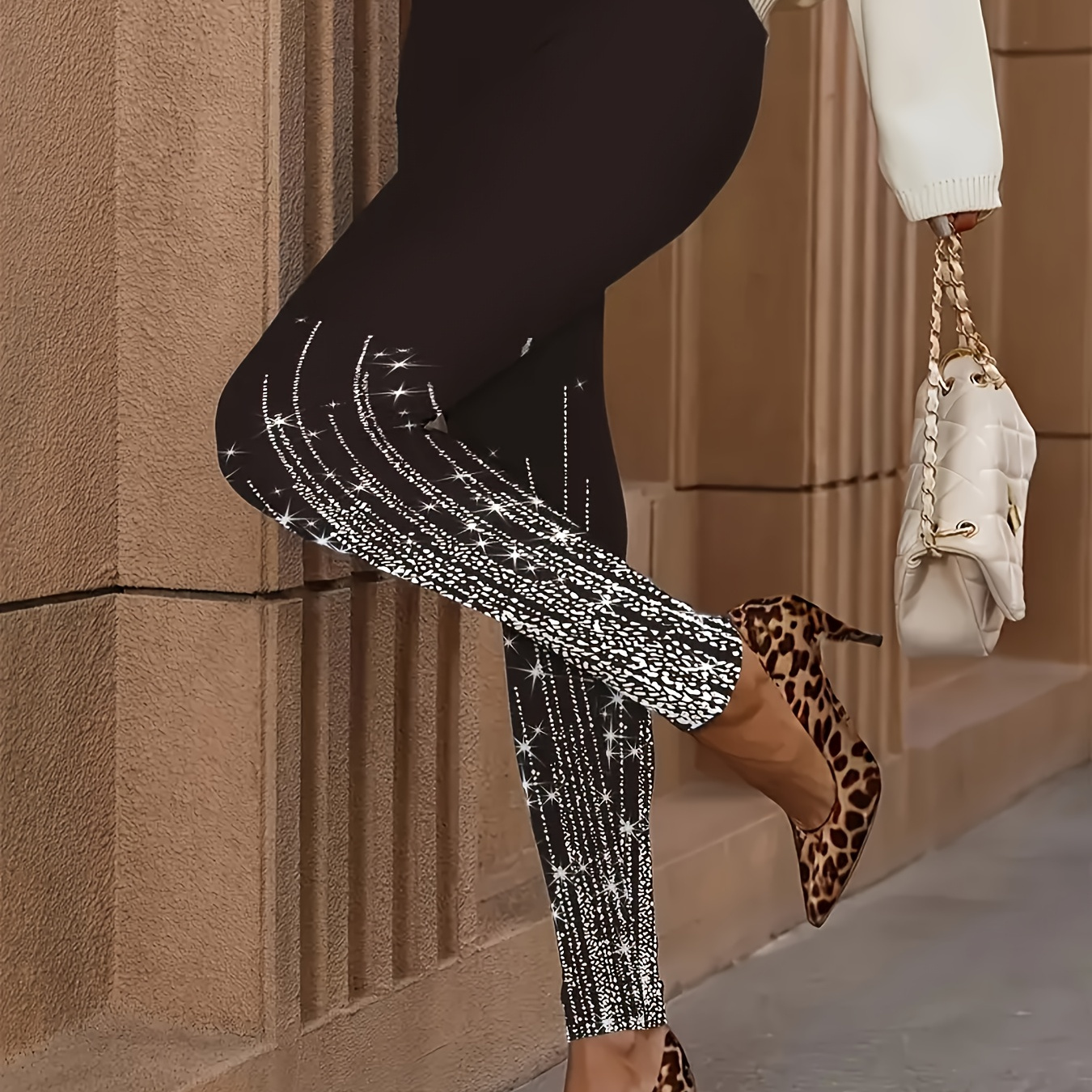 

Leggings imprimés à paillettes scintillantes pour femmes, mélange de polyester et d'élasthanne, coupe skinny, tissu tricoté, 180 g/m², pour toutes les .