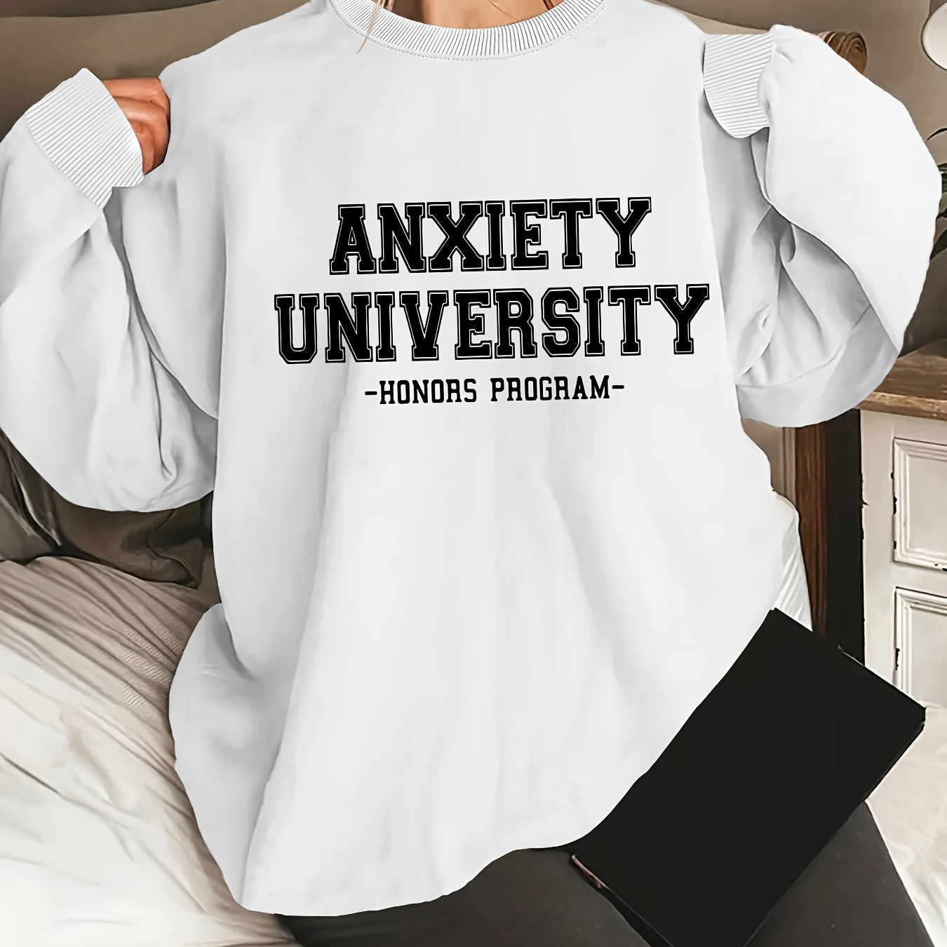 

Plus Size Anxiety Letter Print Sweatshirt, Casual Long Sleeve Crew Neck Pullover Sweatshirt, Women's Plus Size clothing