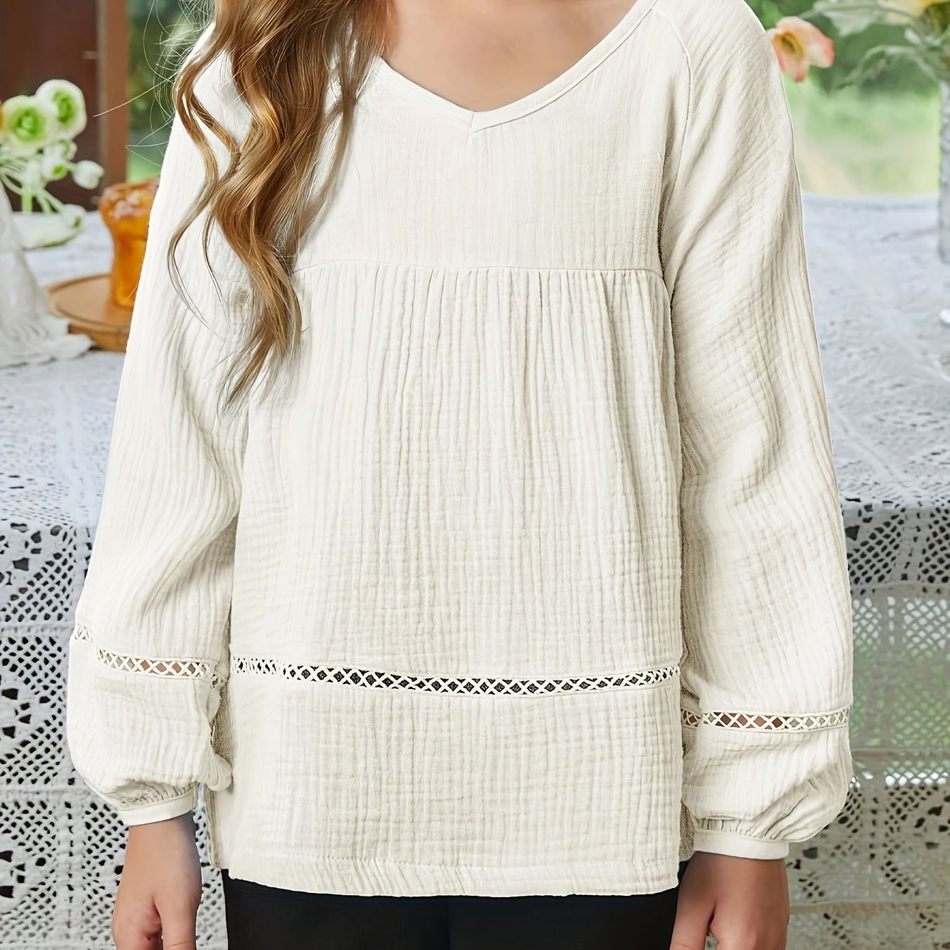 

Elegant Girls 100% Cotton Muslin Boho Style V Neck Long Sleeve Shirt Pullover