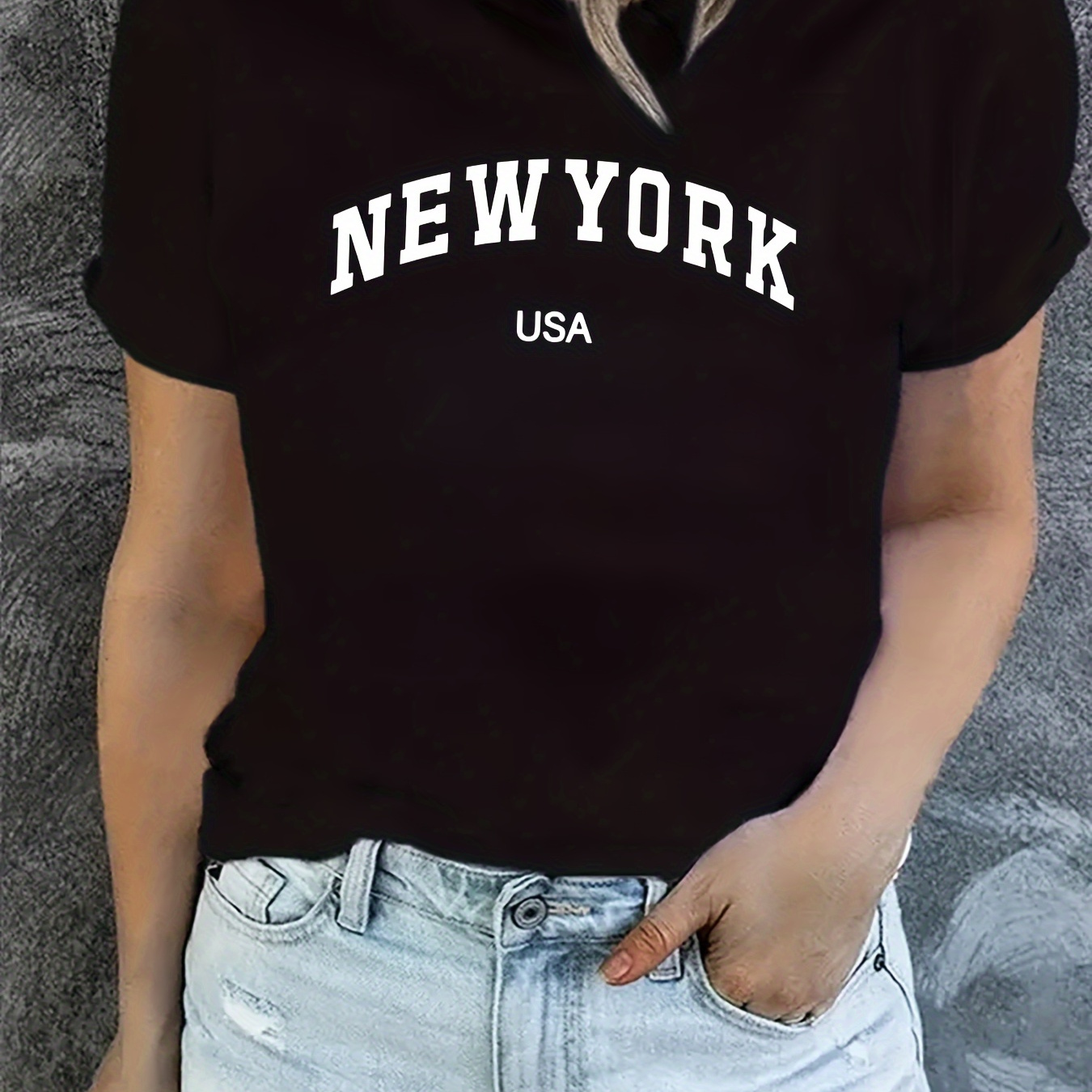 

New York & Usa Letter Graphic Casual Sports T-shirt, Fashion Short Sleeves Running Workout Tops, Women's Activewear