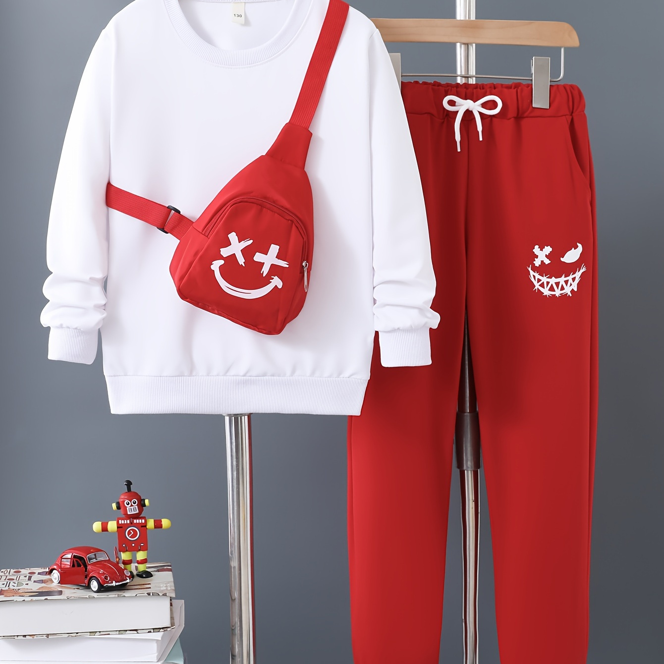 

2pcs Boy's Color Clash Hooded Outfit, Hoodie & Funny Face Print Pants Set, Kid's Clothes For Fall Winter, As Gift