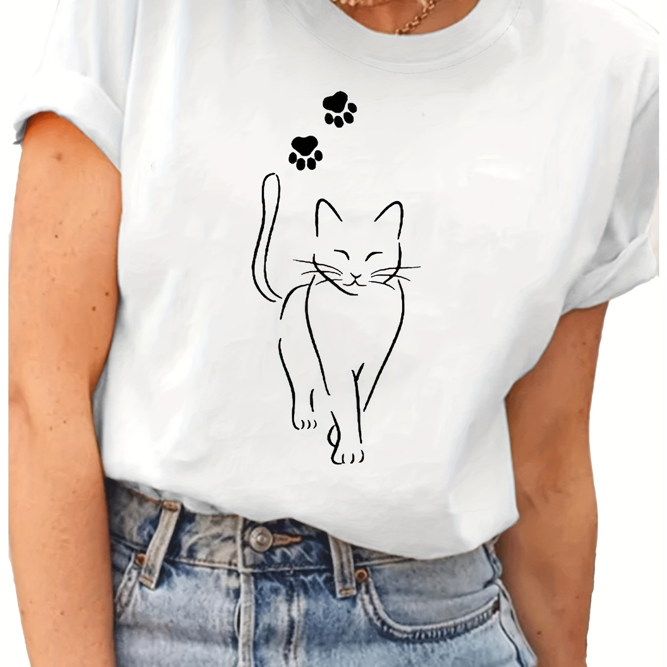 

Paw & Cat Print Crew Neck T-shirt, Casual Short Sleeve Top For Spring & Summer, Women's Clothing