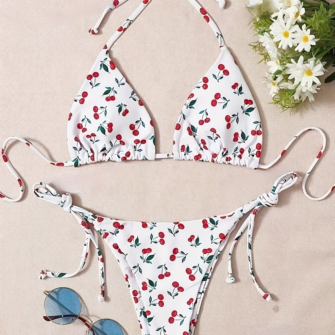 

Women's Sexy Cherry Print Bikini Set, Two-piece Swimsuit, Beach Pool Swimwear, Adjustable Tie Straps, Summer Fashion