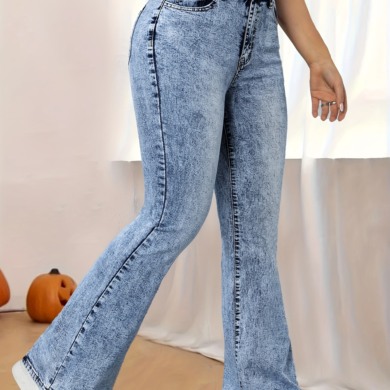 

High Waist Washed Flare Jeans, High Stretch Slant Pockets Bell Bottom Jeans, Women's Denim Jeans & Clothing