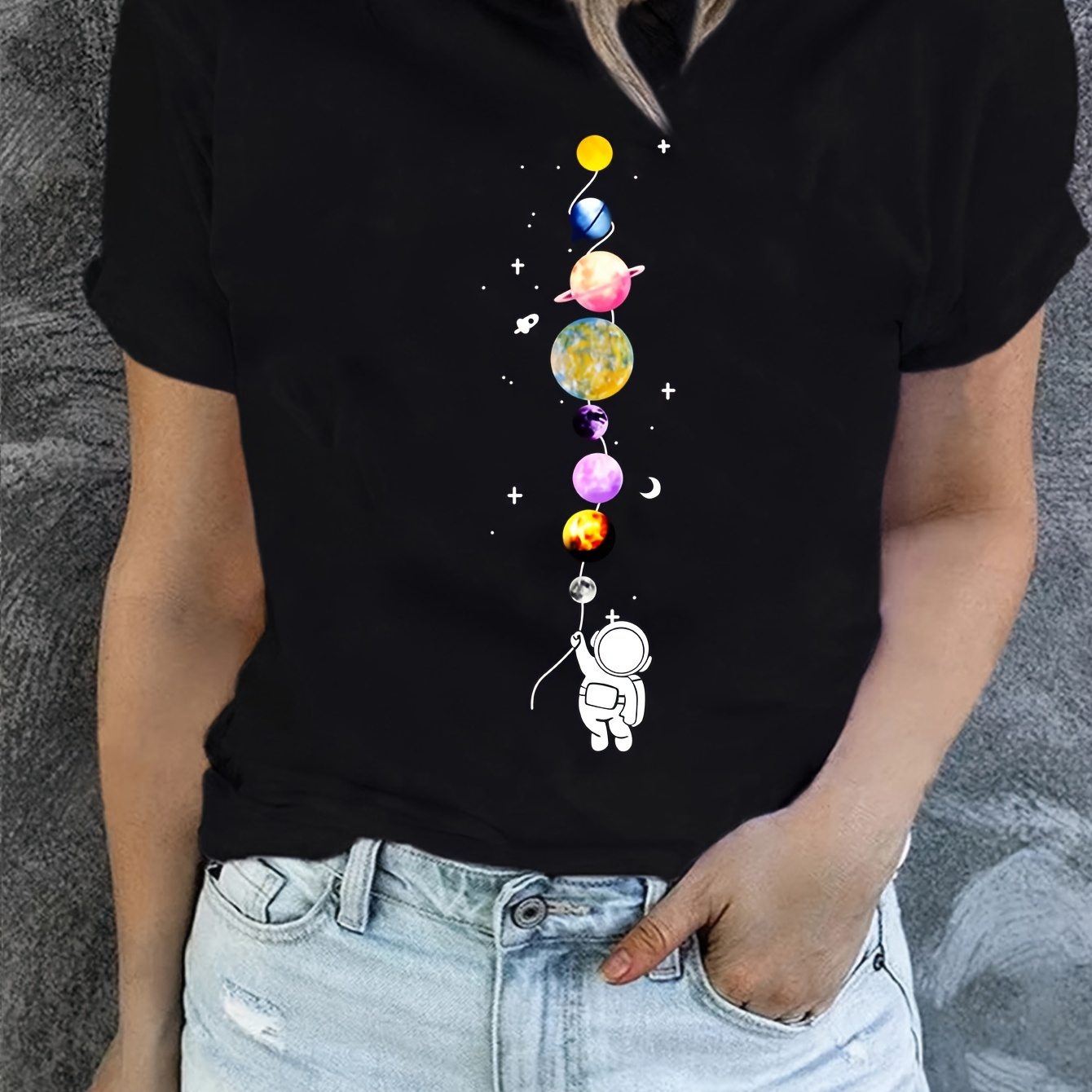 

Cartoon Astronaut & Planet Print T-shirt, Short Sleeve Crew Neck Casual Top For Summer & Spring, Women's Clothing