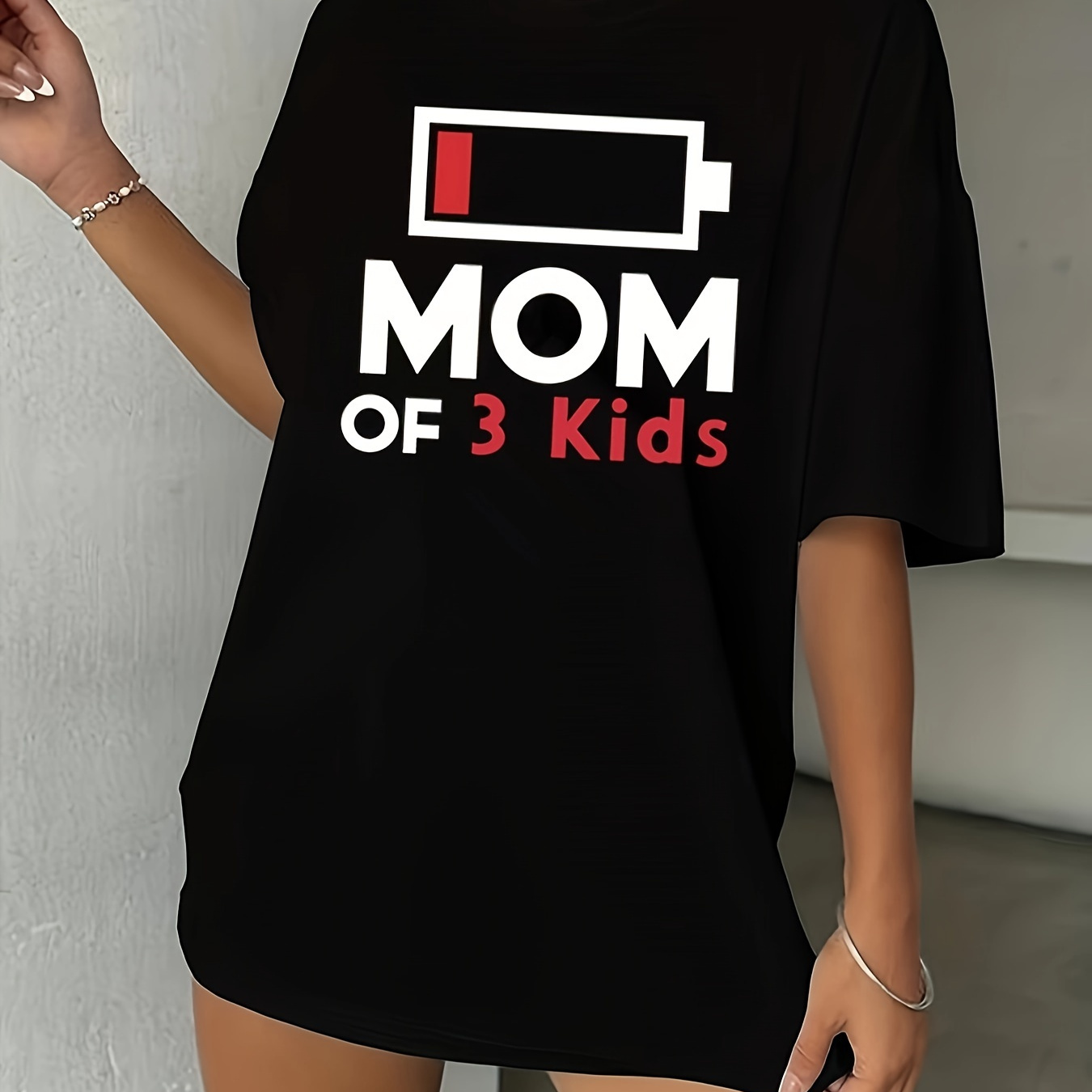 

Plus Size Battery & Letter Print T-shirt, Casual Short Sleeve Top For Spring & Summer, Women's Plus Size Clothing