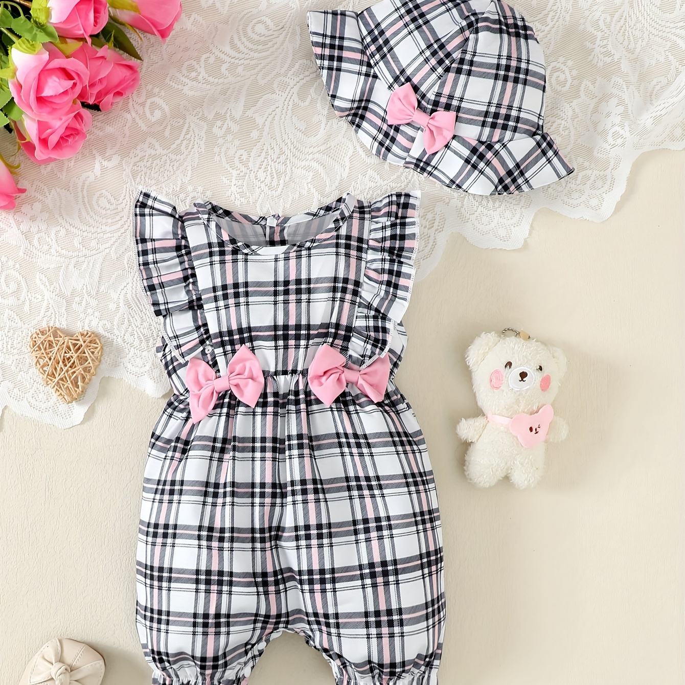 

Infant Baby Girls Cute Plaid Bow Sleeve Jumpsuit With Accessories Hat Summer Set
