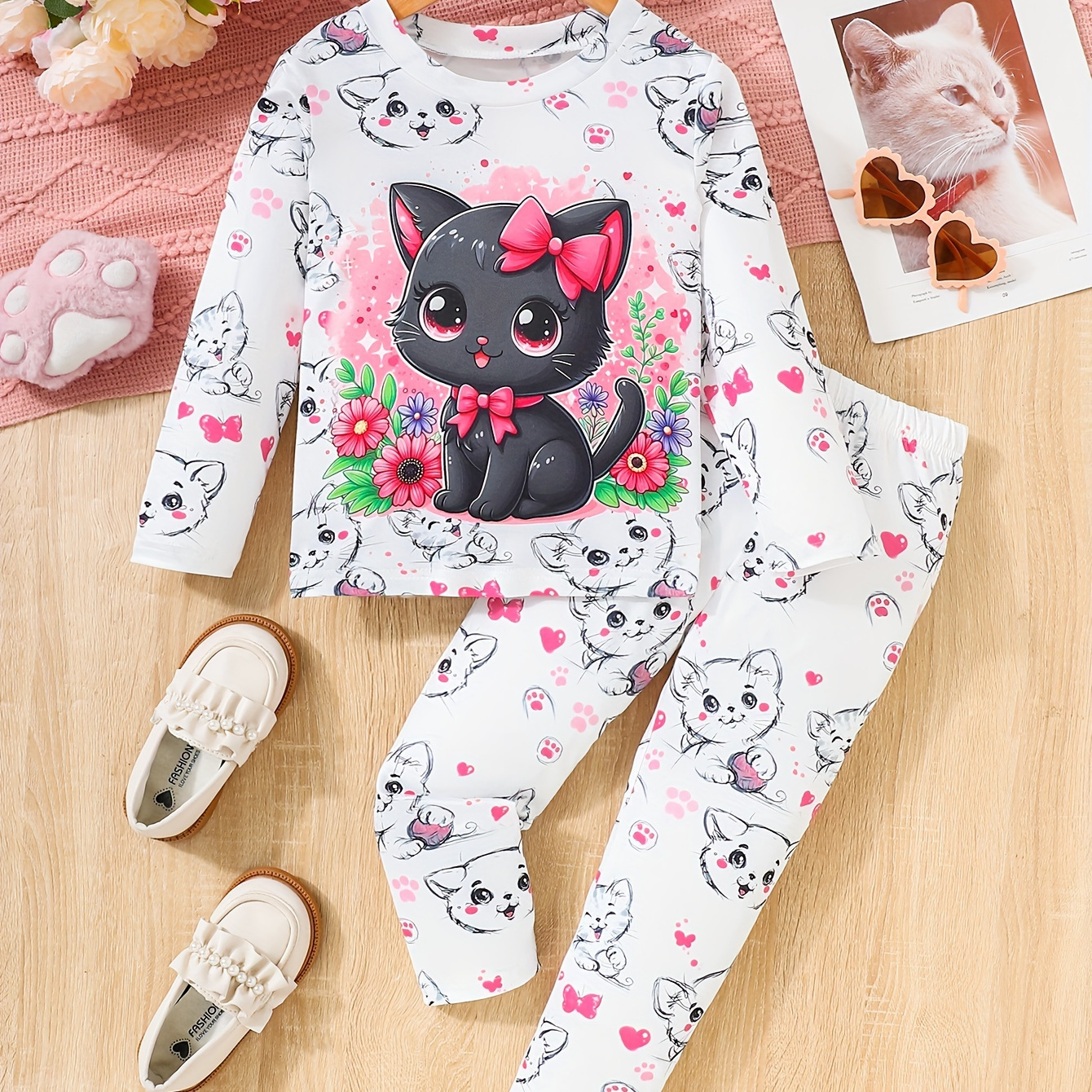 

Adorable ' 2pcs Set: Graphic Tee & Long Pants - , Washable - For /fall, For