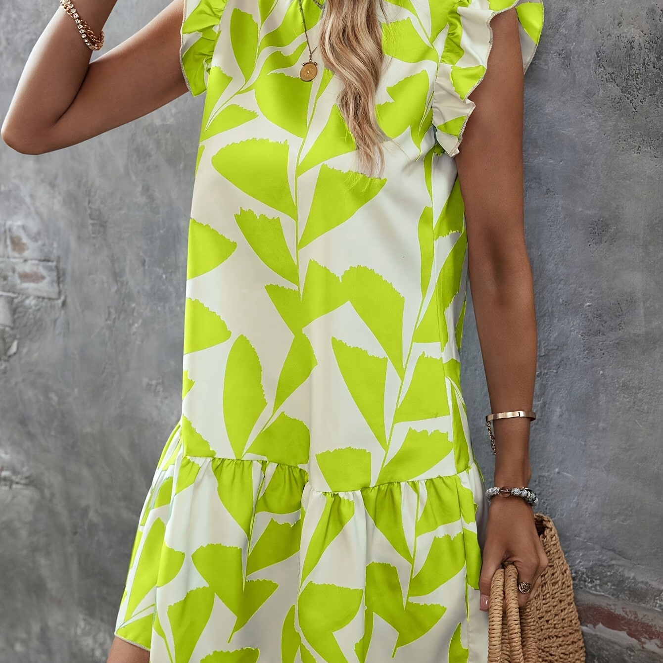 

Plant Print Crew Neck Loose Dress, Casual Ruffle Sleeve Dress For Spring & Summer, Women's Clothing