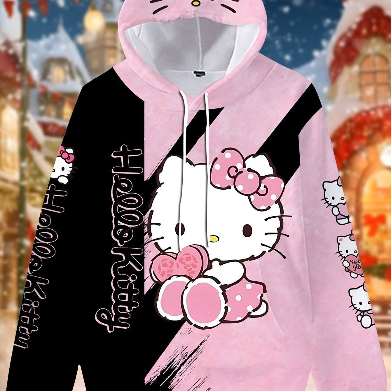 

1pc Sanrio Hello Kitty Cartoon Hoodie With Cat Ears, Polyester Long Sleeve Pullover Sweatshirt For , Cute Hooded Sweatshirts With Pocket, All Loose Fit - Pink