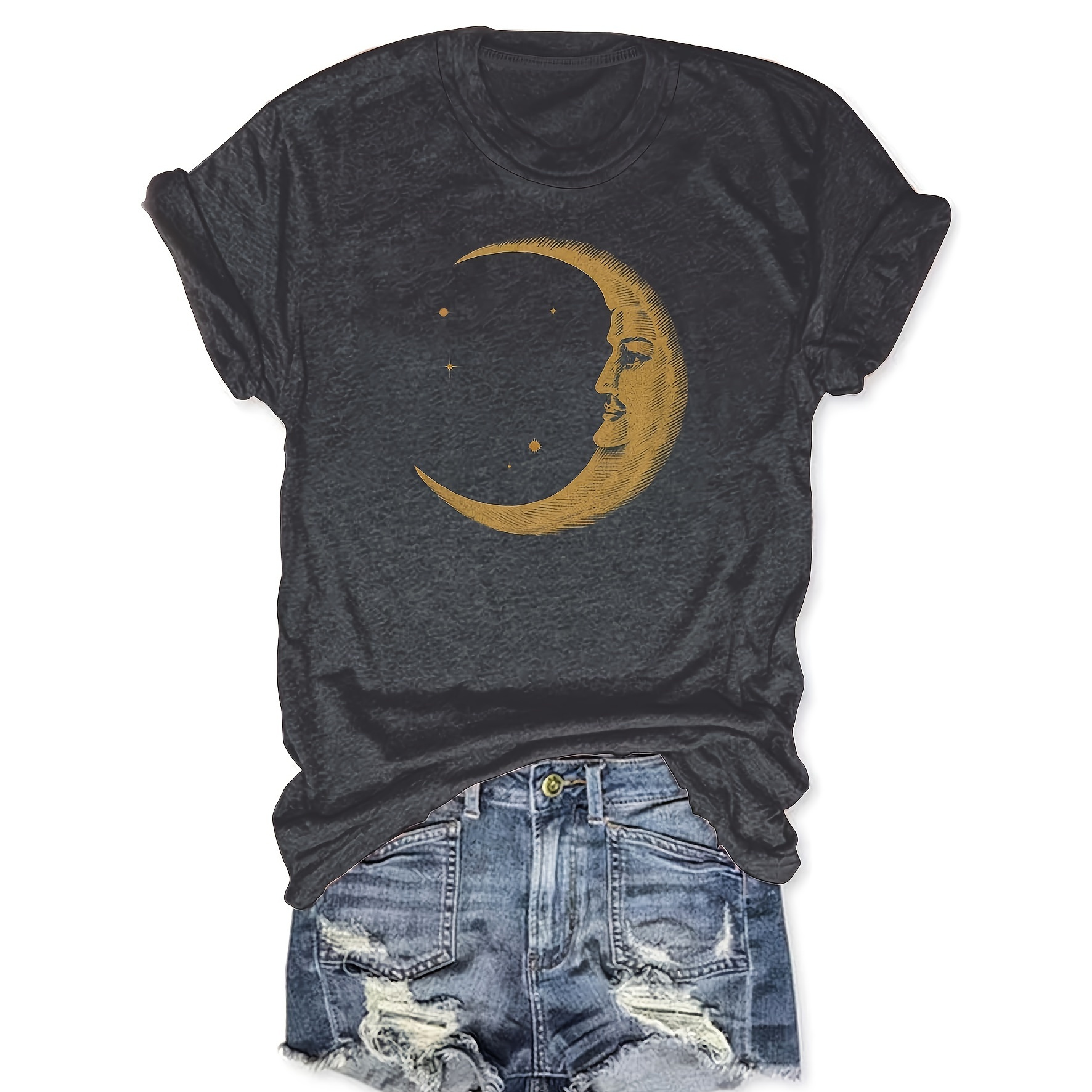 

Plus Size Moon Print T-shirt, Casual Crew Neck Short Sleeve Top For Spring & Summer, Women's Plus Size Clothing