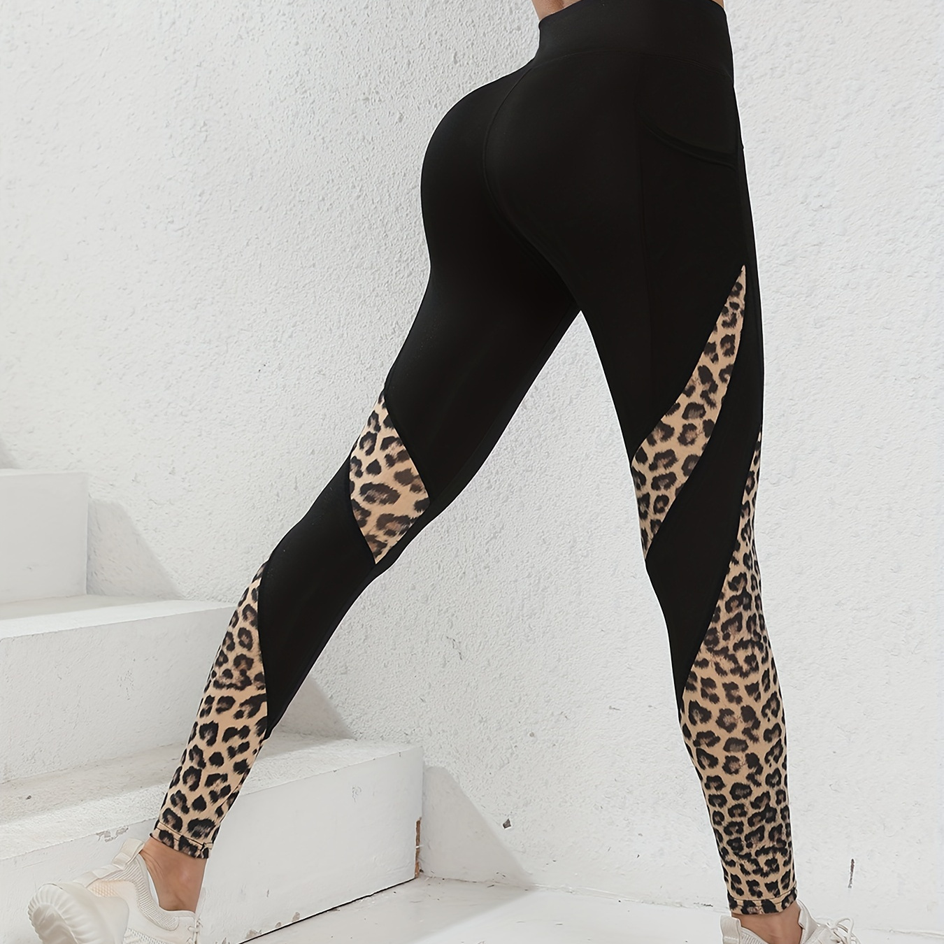

Two-tone Mesh Panel Leopard Print High Waist Women's Yoga Leggings With Pockets, Stretch, Machine Washable, Non-transparent, All-season Sports Pants For Women
