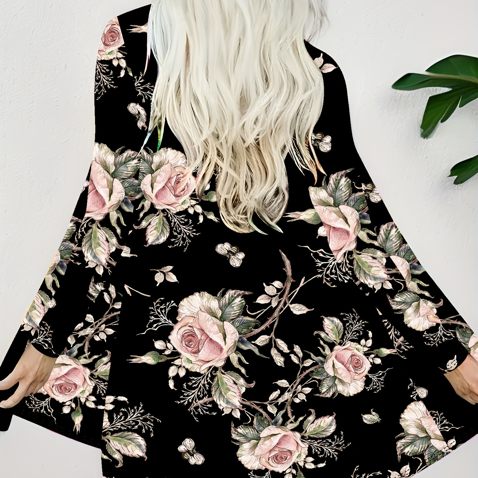 

Plus Size Floral Print Open Front Top, Casual Long Sleeve Top For Spring & Fall, Women's Plus Size Clothing
