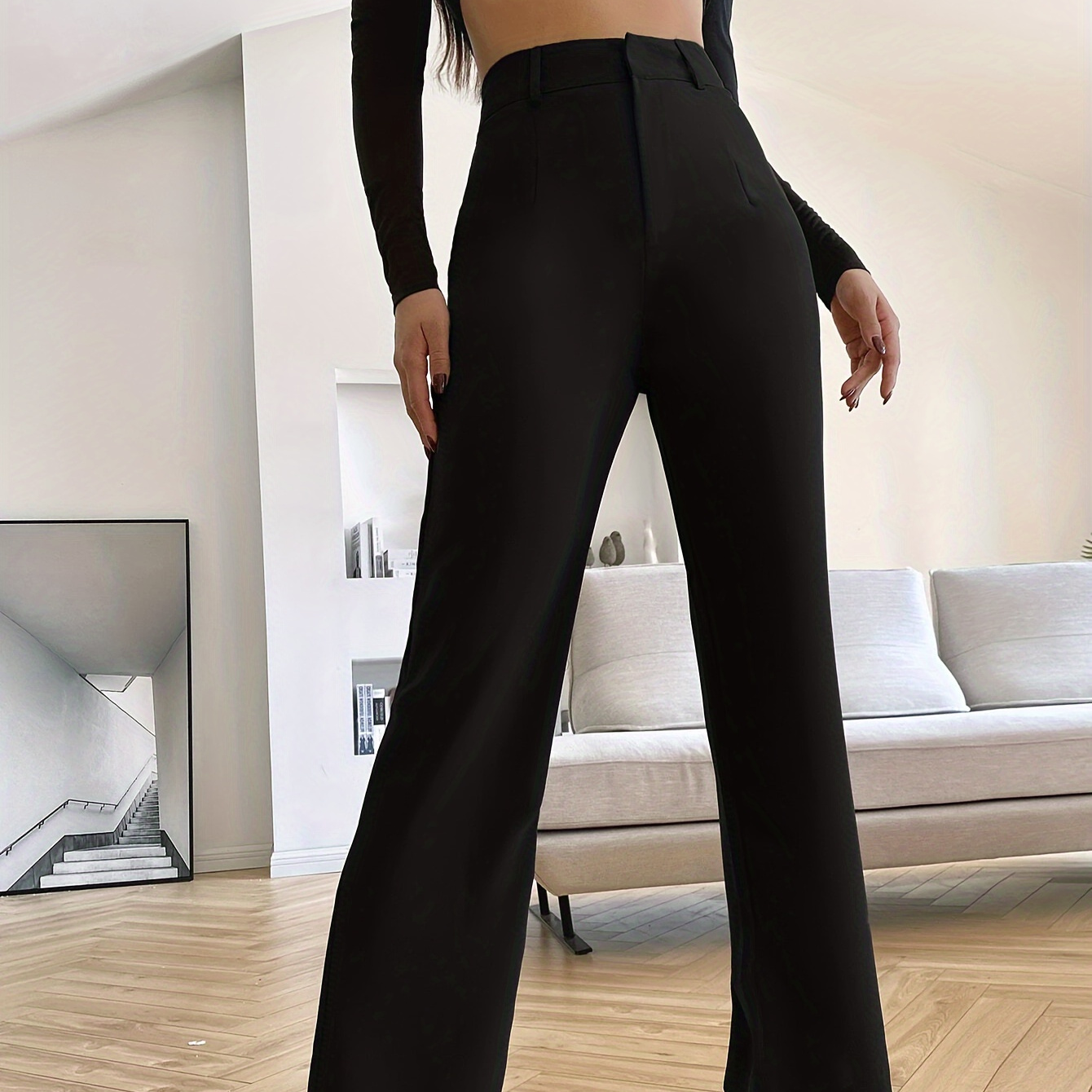 

Solid Color High Waist Tailored Pants, Elegant Slim Fit Pants For Spring & Fall, Women's Clothing