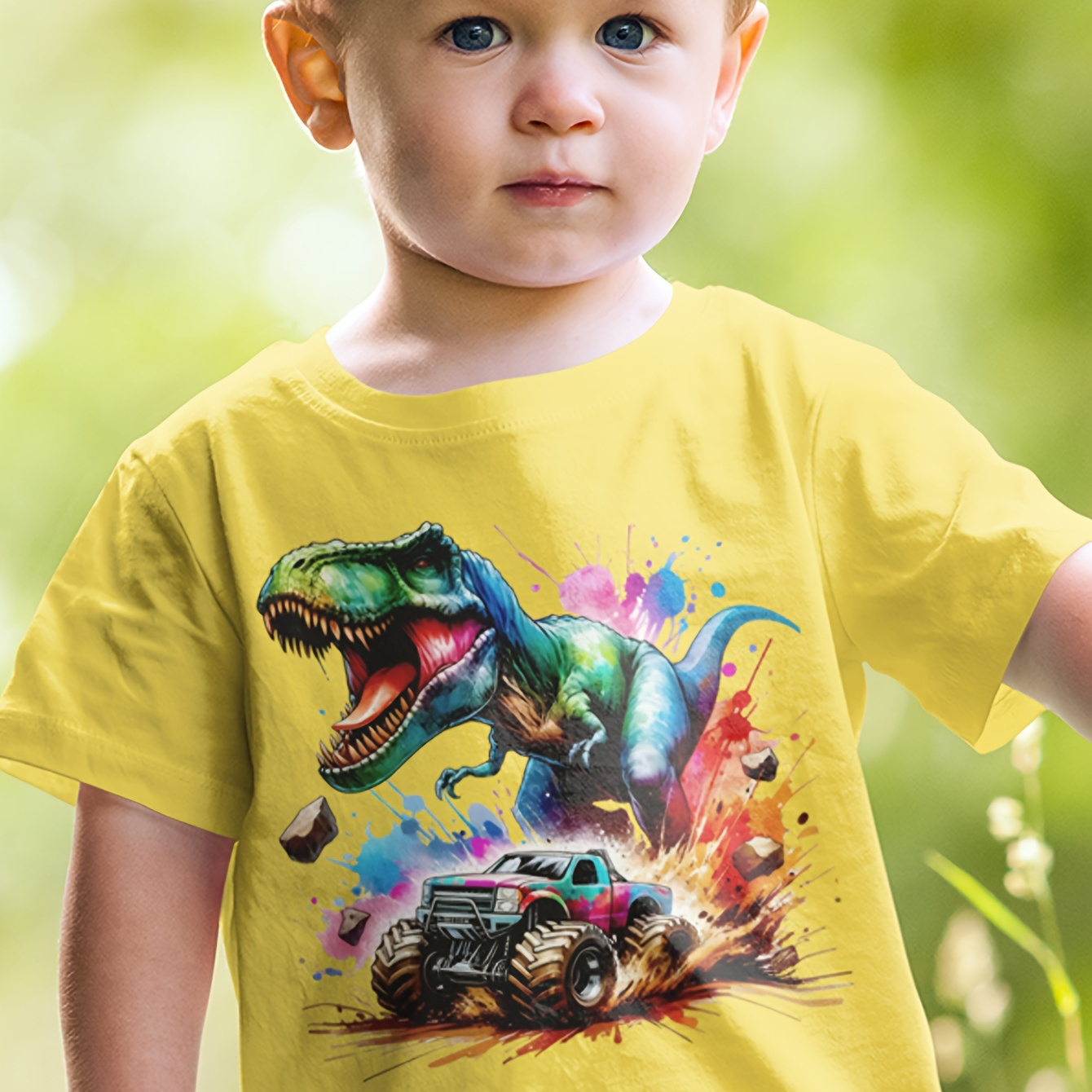 

T-shirt à manches courtes en pur coton pour garçon - Imprimé dinosaure et voiture de course - Col rond confortable - Cadeau