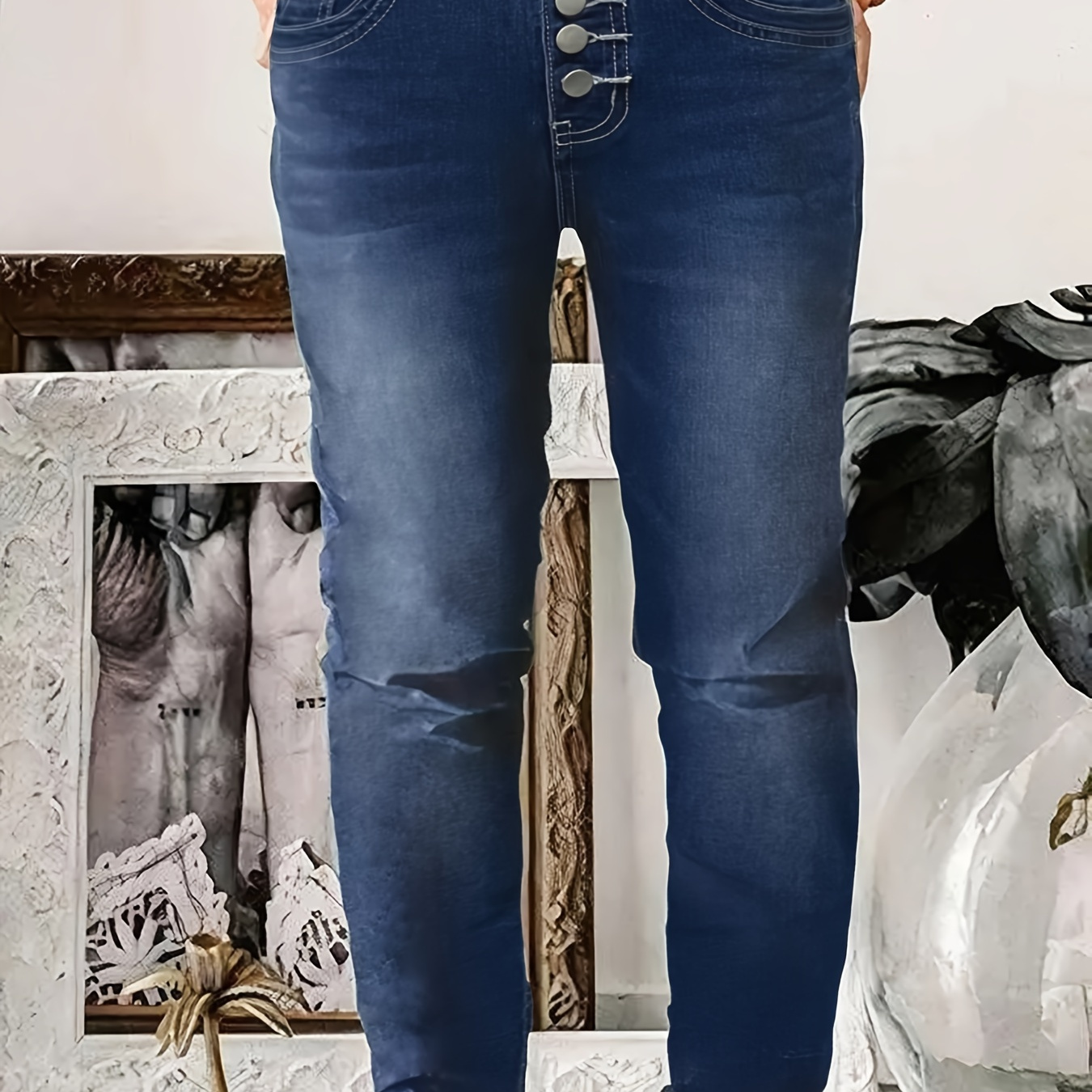 

Jean bleu foncé uni à jambe droite simple boutonnage, jean et vêtements en denim pour femmes