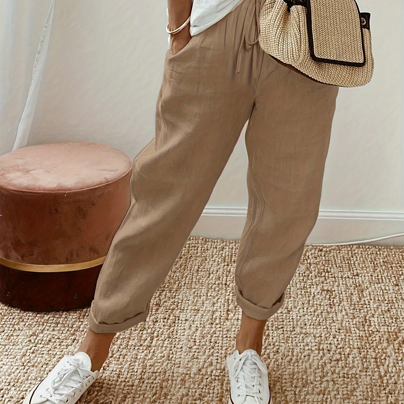 

Solid Color Pockets Tapered Pants, Casual Drawstring Waist Pants For Spring & Summer, Women's Clothing
