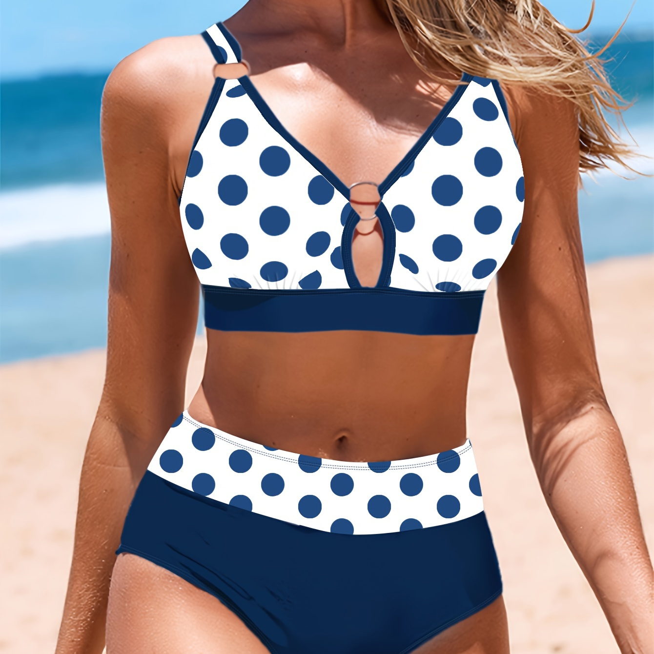 

Women's High-waisted Bikini Set, Polka Dot Pattern With Ring Detail, Two-piece Swimsuit, Vintage Beachwear