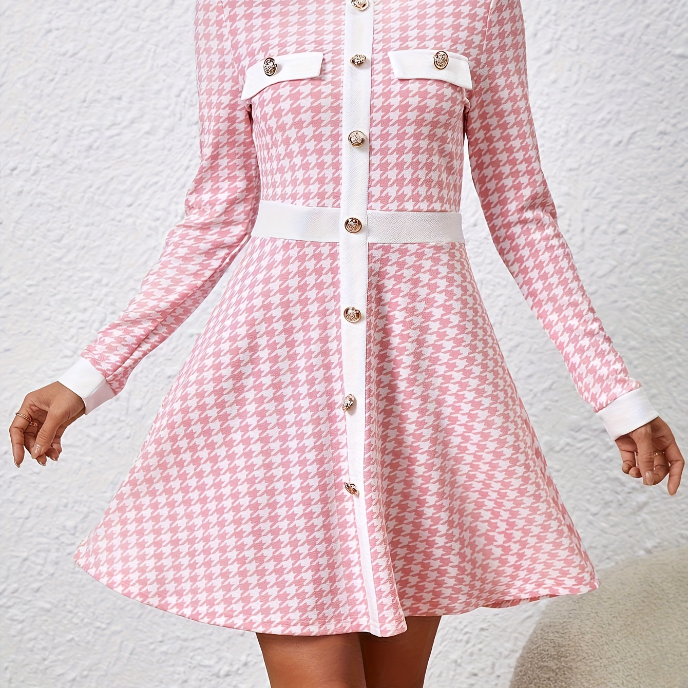 

Houndstooth Print Button Decor Dress, Elegant Long Sleeve Flared Dress For Spring & Fall, Women's Clothing