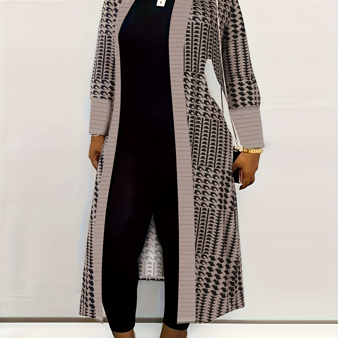 

Plus Size Casual Coat, Women's Plus Geometric Print Long Sleeve Open Front Slight Stretch Cardigan Coat