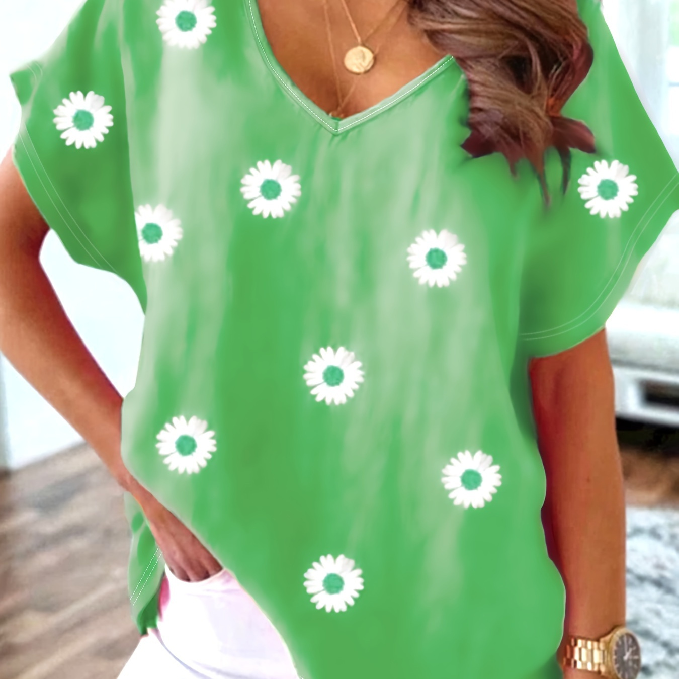 

Plus Size Floral Print Top, Casual V Neck Short Sleeve Top, Women's Plus Size clothing