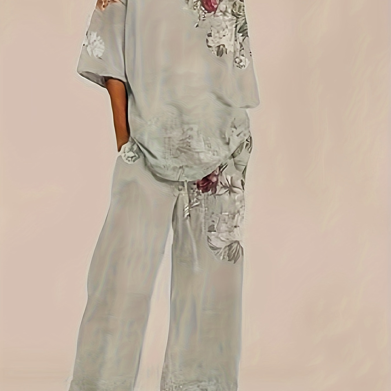 

Vintage Floral Print Pants Set, Crew Neck Half Sleeve Top & Straight Leg Loose Pants, Women's Clothing