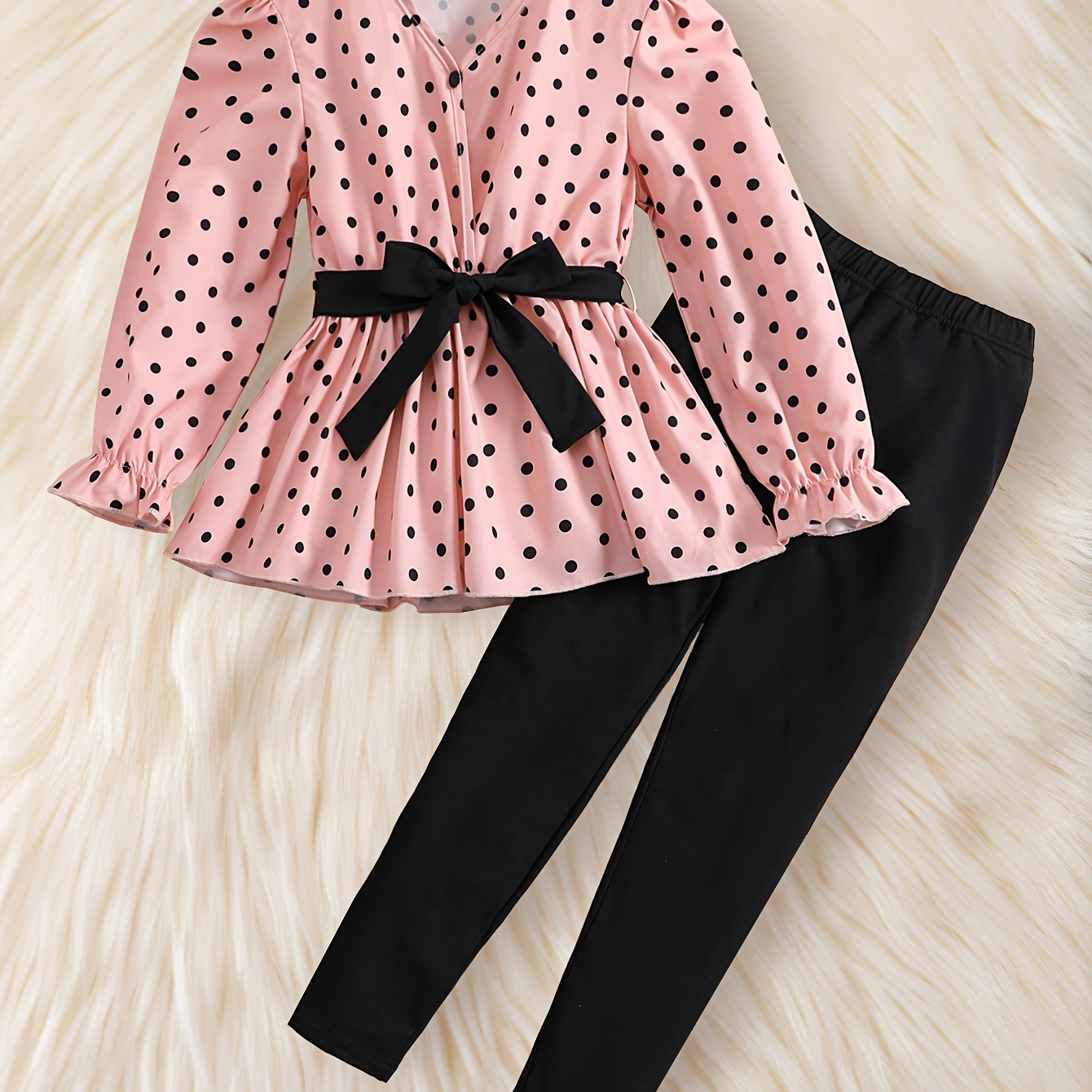 

Classy Girl's 2pcs, Polka Dots Print V-neck Blouse Top + Solid Leggings Set Casual 2-piece Summer Outfit