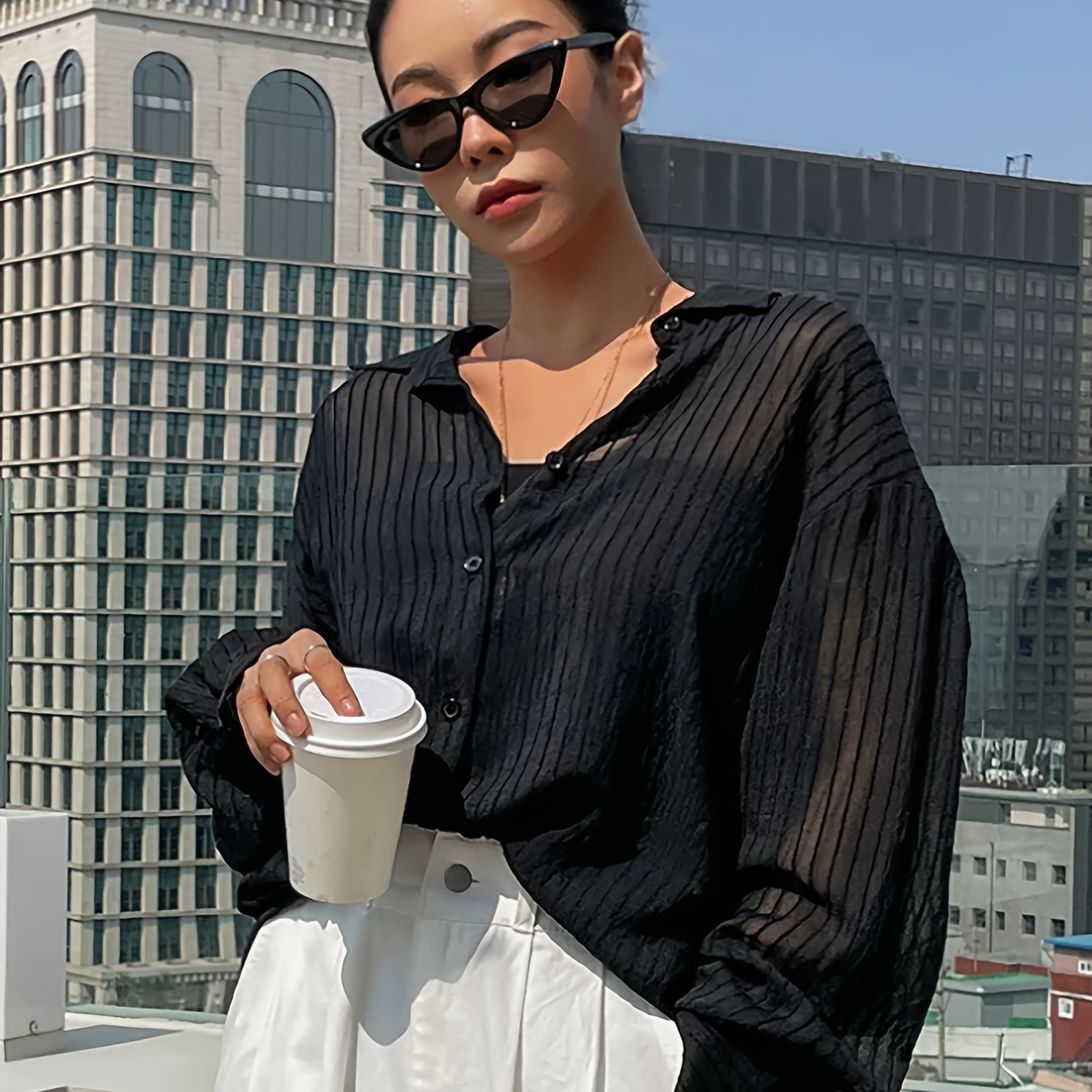 

Women's Chic Black Striped Sun Protection Shirt - Breathable & Loose-fit With Long Sleeves, Button-up Collared Design, Ideal For Spring/summer Outdoor Activities