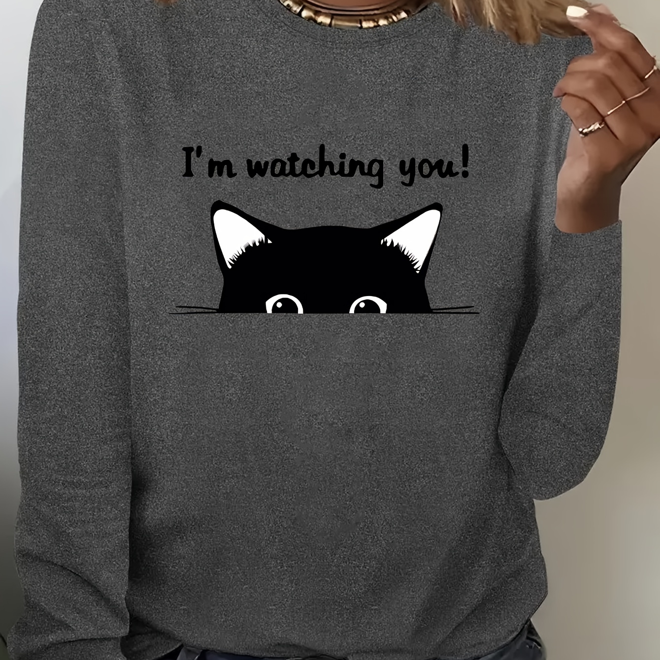 

1pc Whimsycat Women's Casual Long Sleeve T-shirt, Polyester Knit Round Neck Tee With Cute Cat Print, Comfortable Breathable Sportswear For All