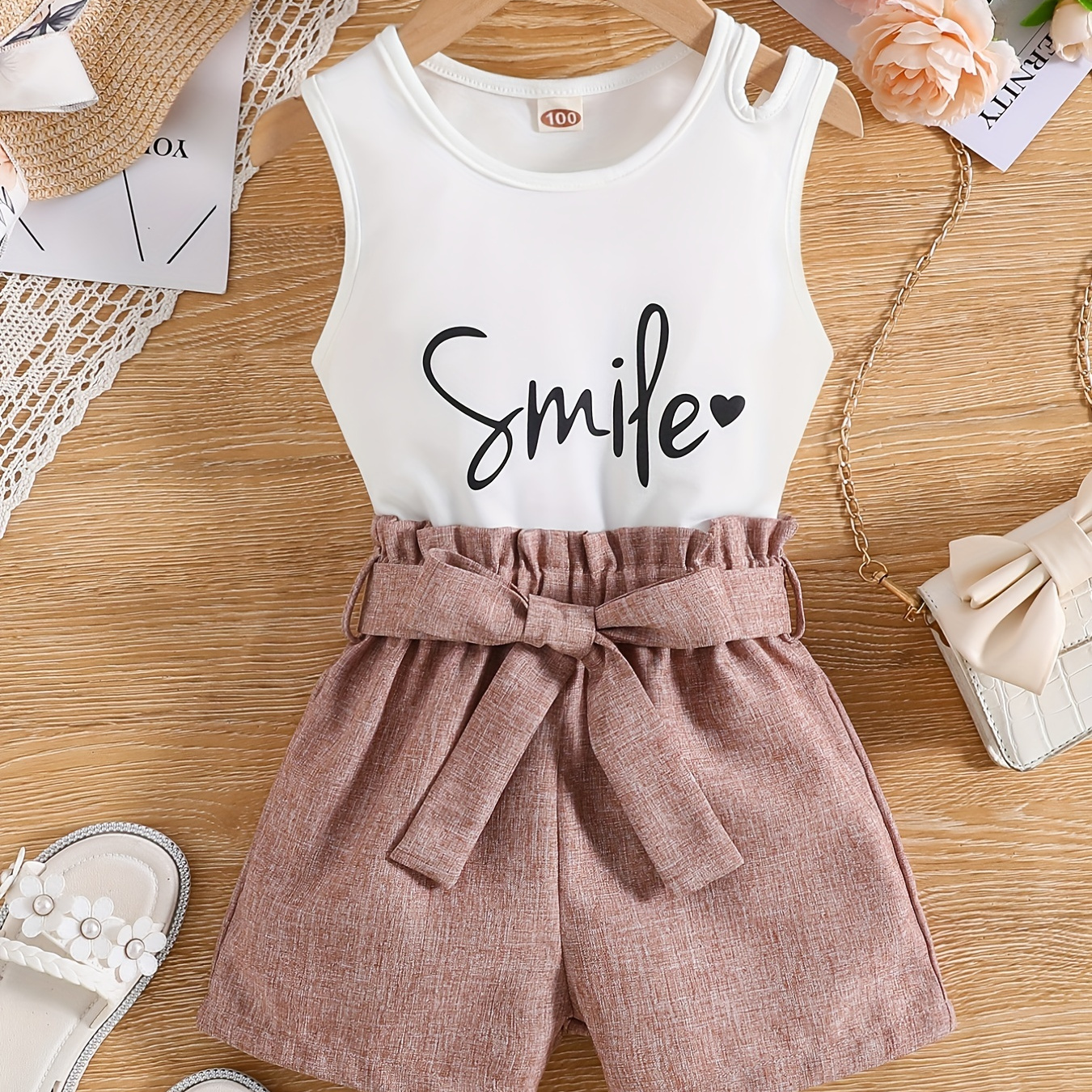 

2pcs Toddler Girls Letter "smile" And Heart Graphic Cut Out Tank Top & Paperbag Waist Belted Shorts Set Kids Summer Clothes